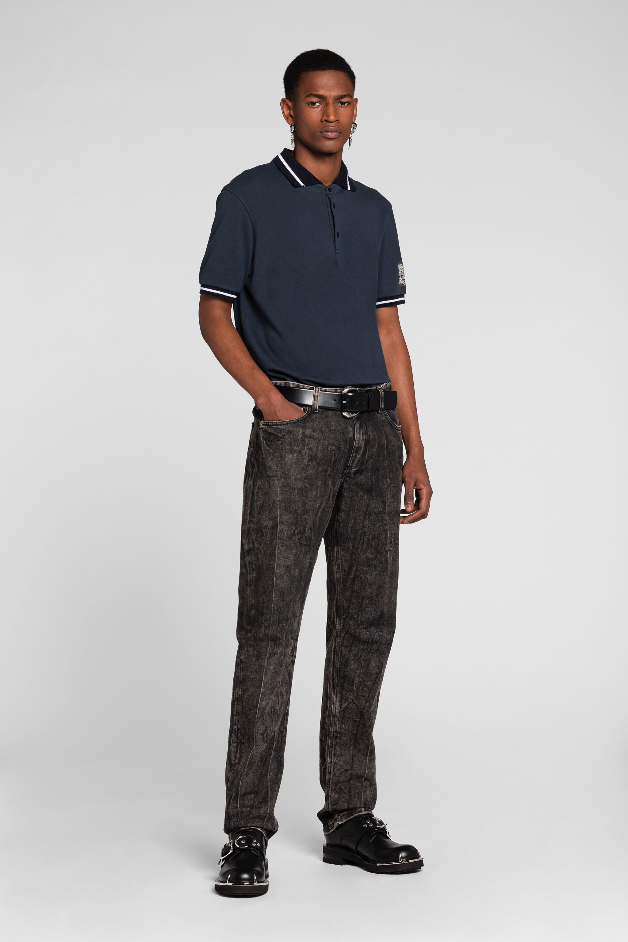  Roberto Cavalli Animalier Patchwork-print Appliqué Polo Shirt - Male T-shirts And Polos Dark Blue Xl 
