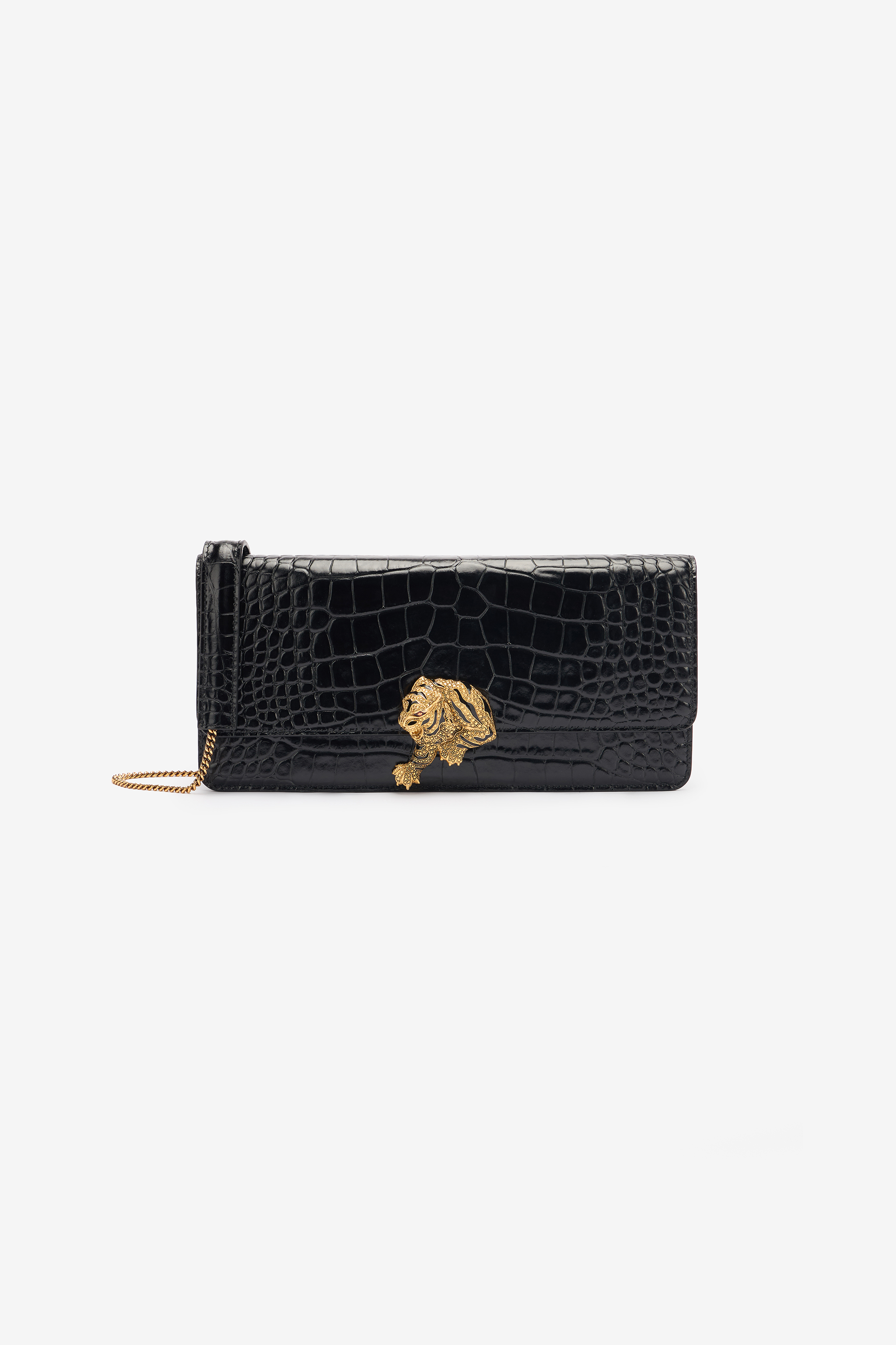 Roberto Cavalli Women's Black Long Crocodile-Print Roar Pochette