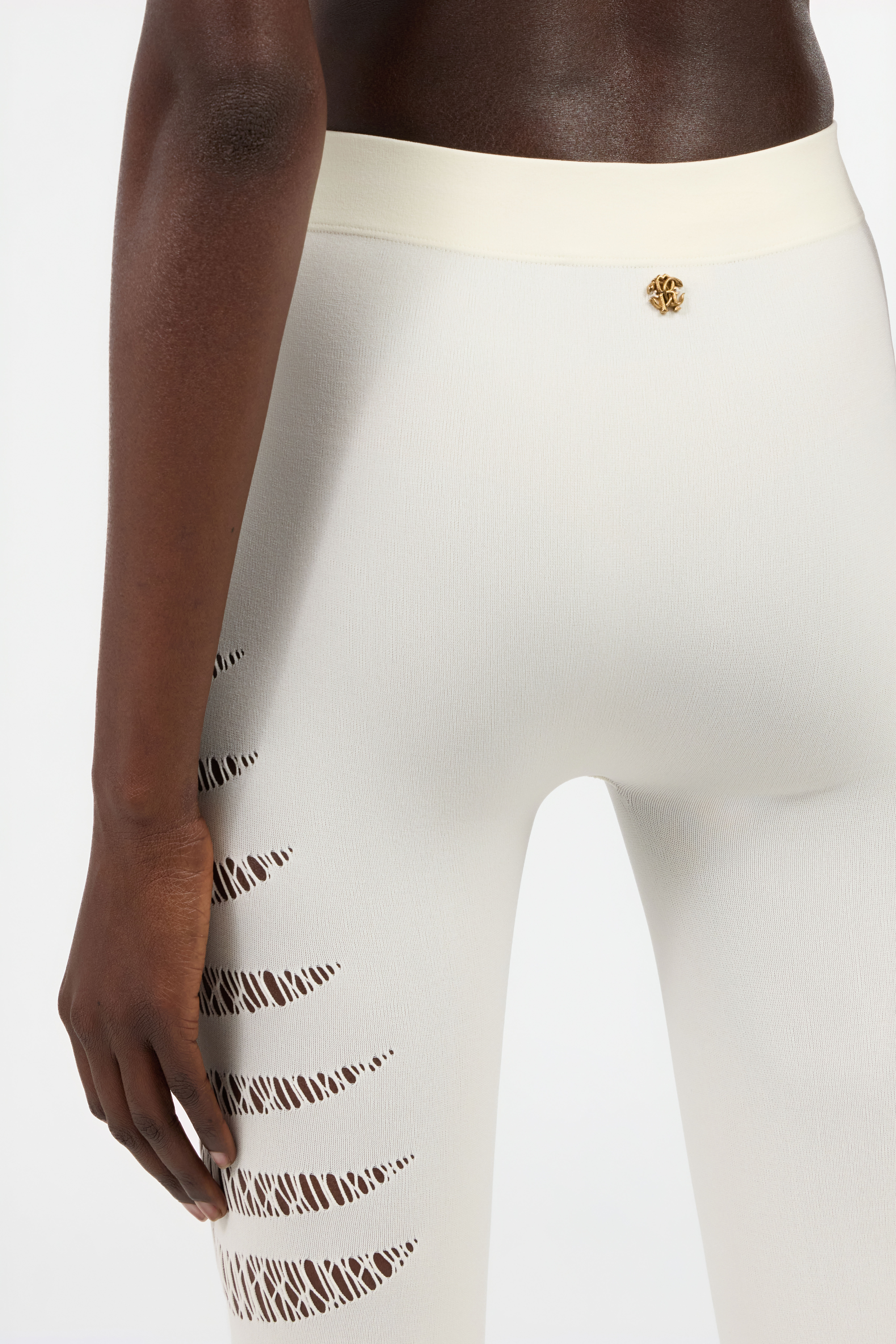 Roberto Cavalli Leggings With Openwork Python Pattern In Ivory