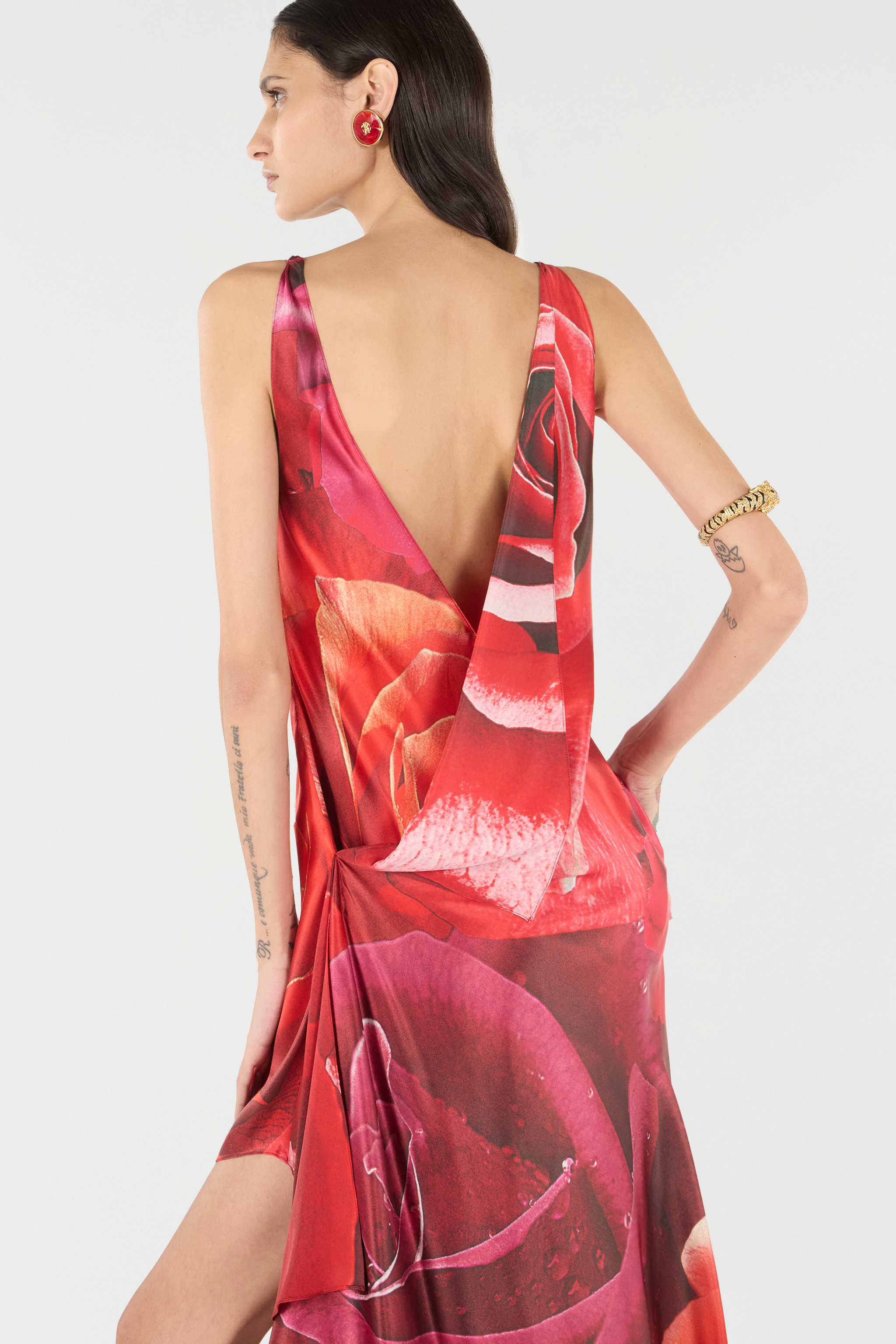 Roberto Cavalli Dress With Asymmetric Skirt And Rose Print In Red