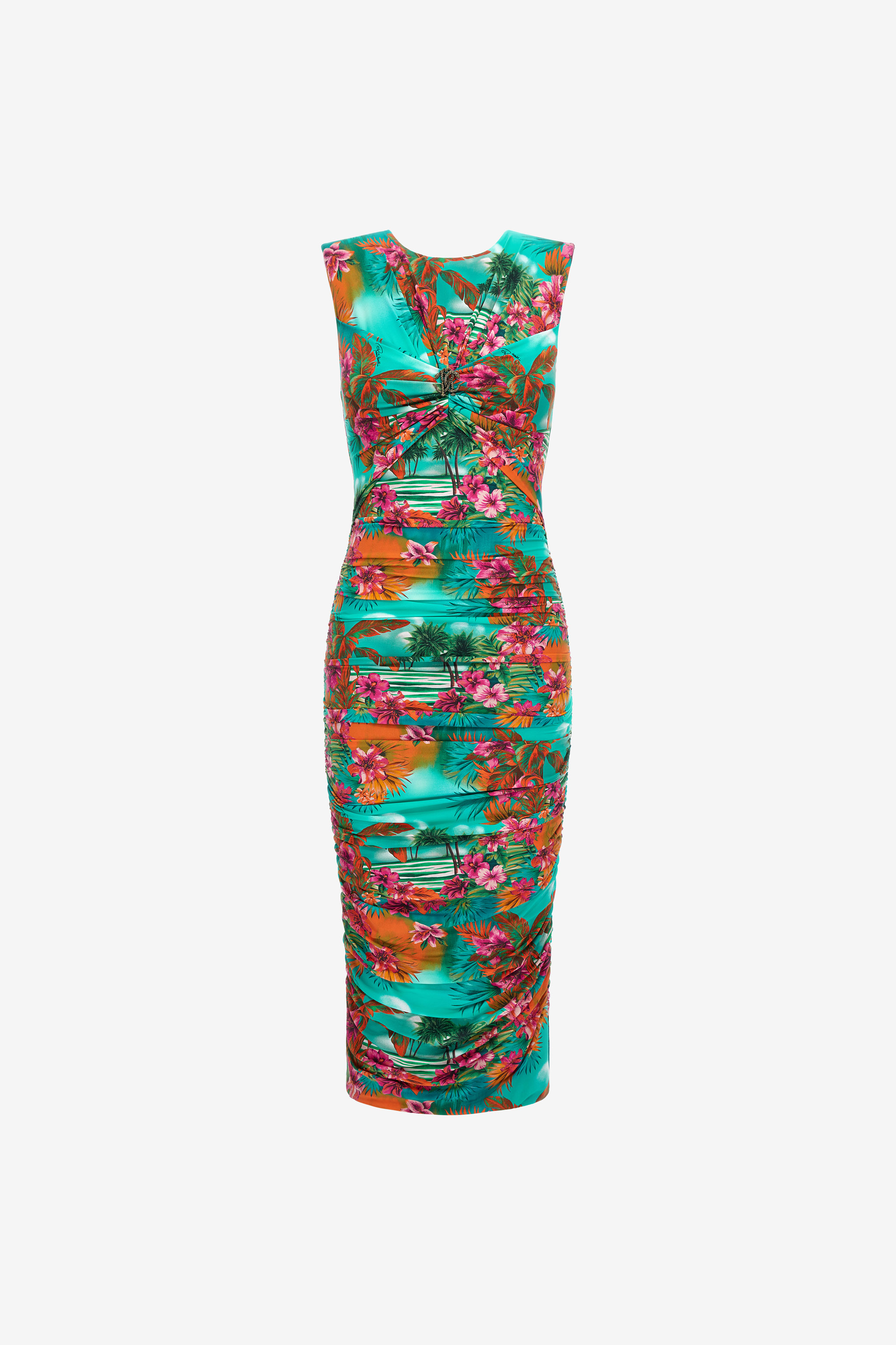ROBERTO CAVALLI RUCHED MIDI DRESS WITH HAWAII PRINT