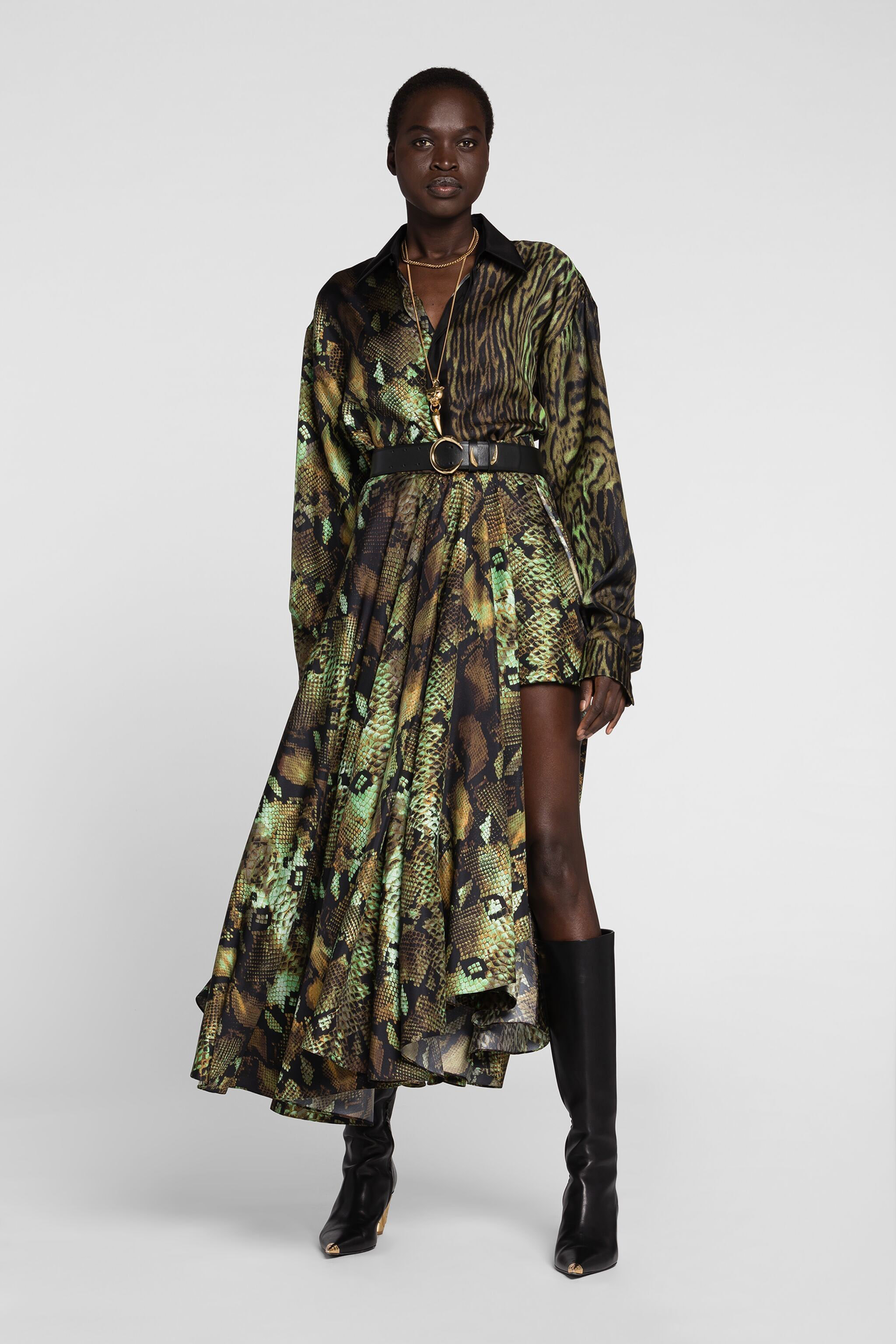 Roberto Cavalli Snake-print Pleated Midi Skirt In Naturale/militare