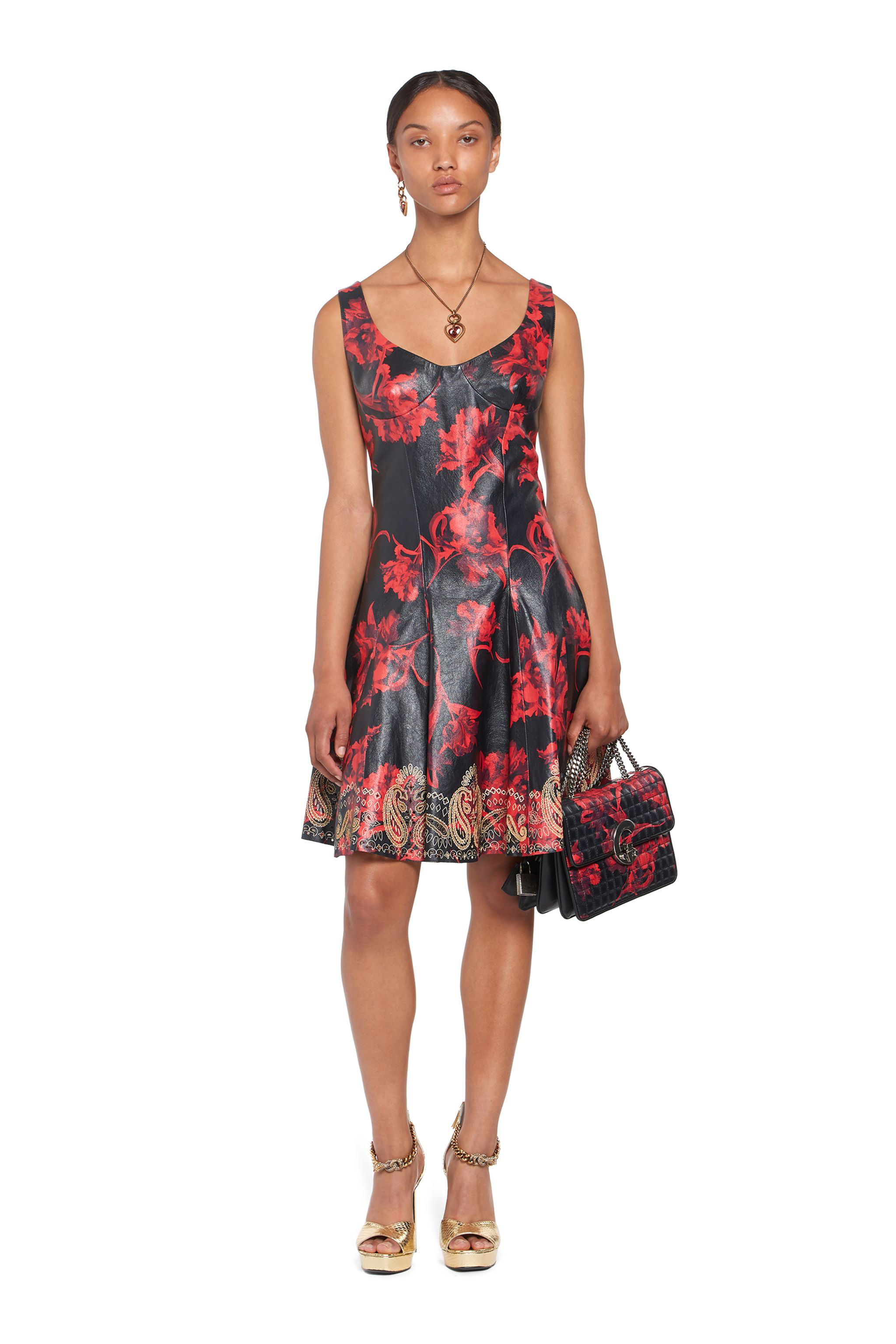 Roberto Cavalli Micro Parrot Tulip Print Leather Dress In Black/ruby