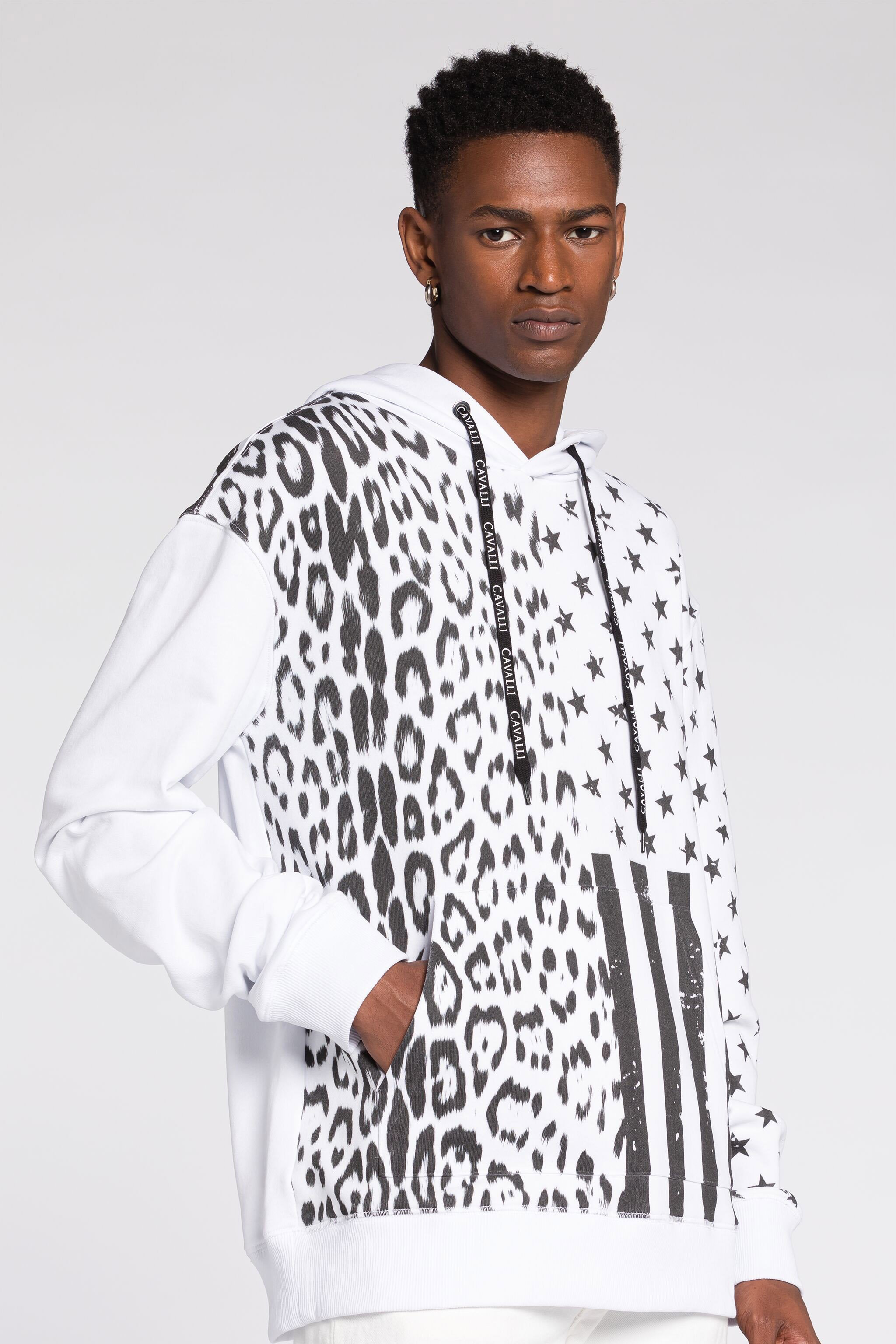Roberto Cavalli Man Sweatshirt White Size Xxl Cotton In Black/white