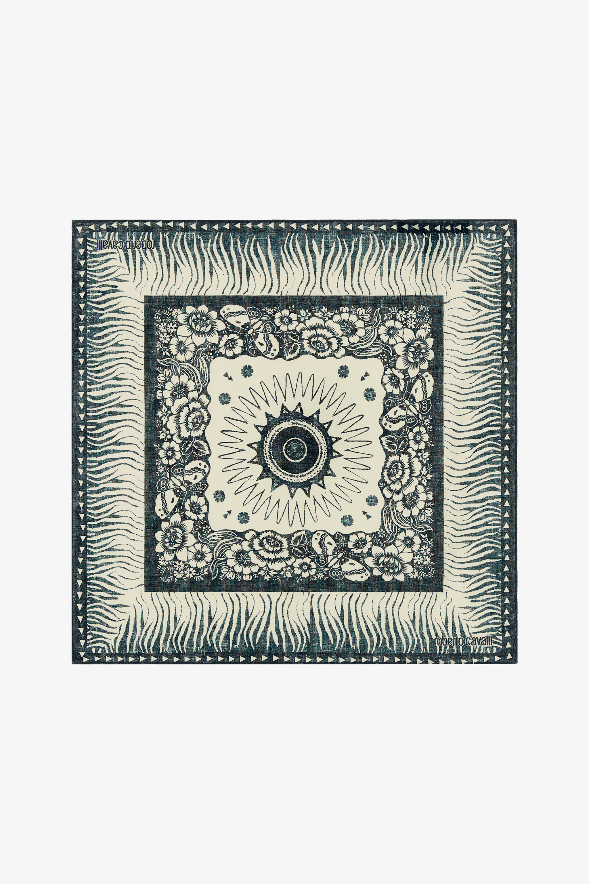 Roberto Cavalli Cotton Scarf With Zebra Pattern And Logo In Blue