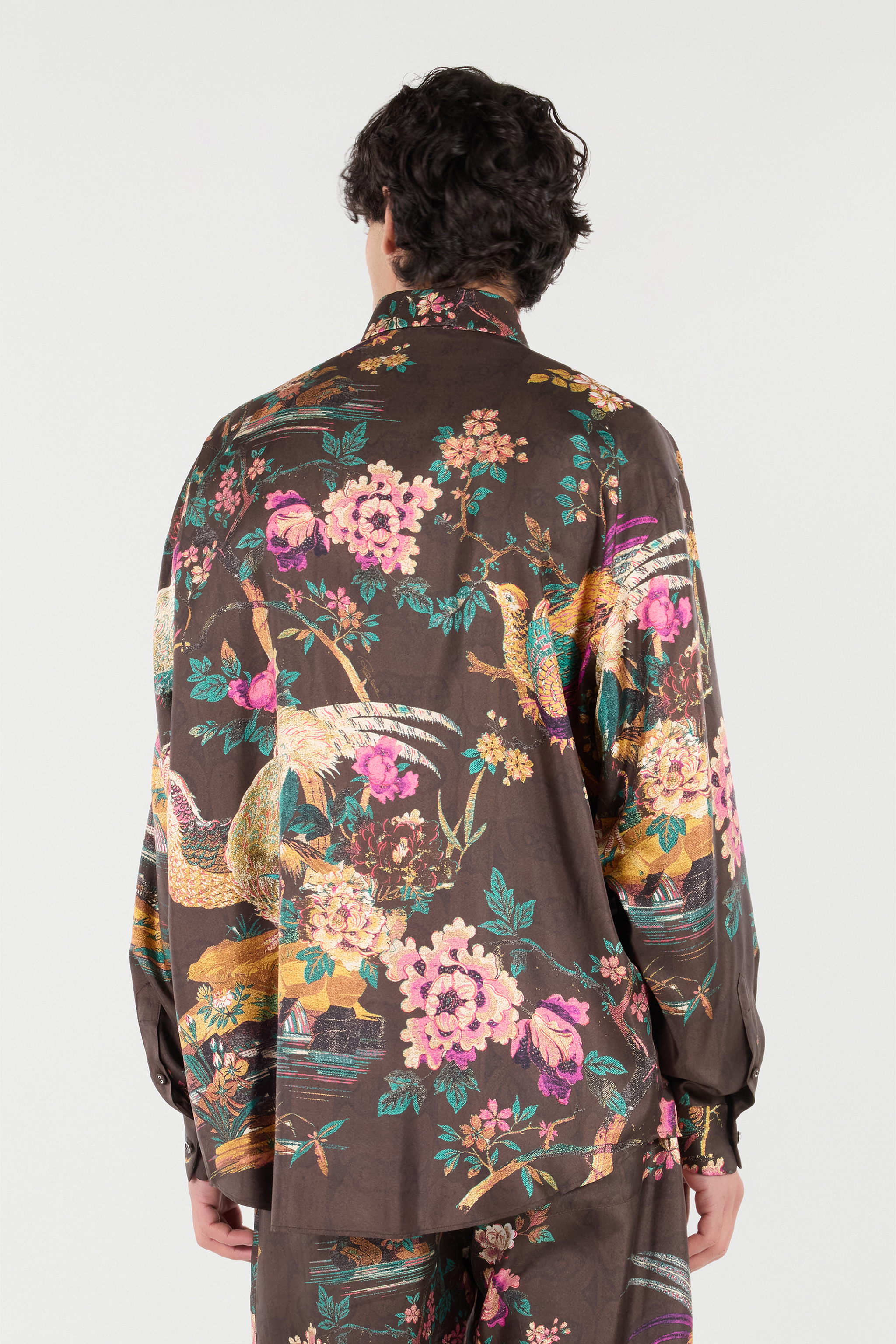 Roberto Cavalli Silk Shirt With Oriental Bird Print In Brown
