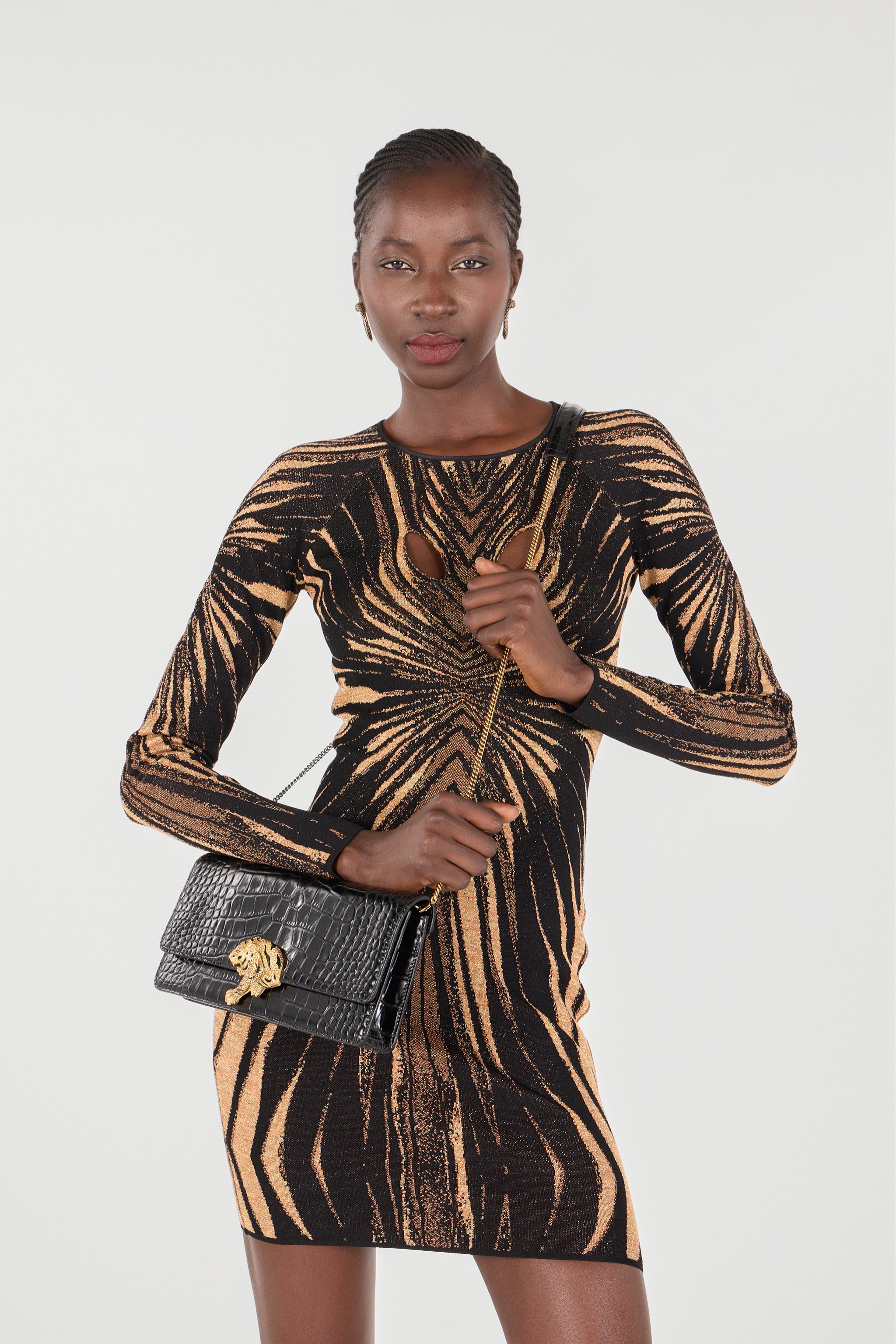 Roberto Cavalli Long Crocodile-print Roar Clutch In Black