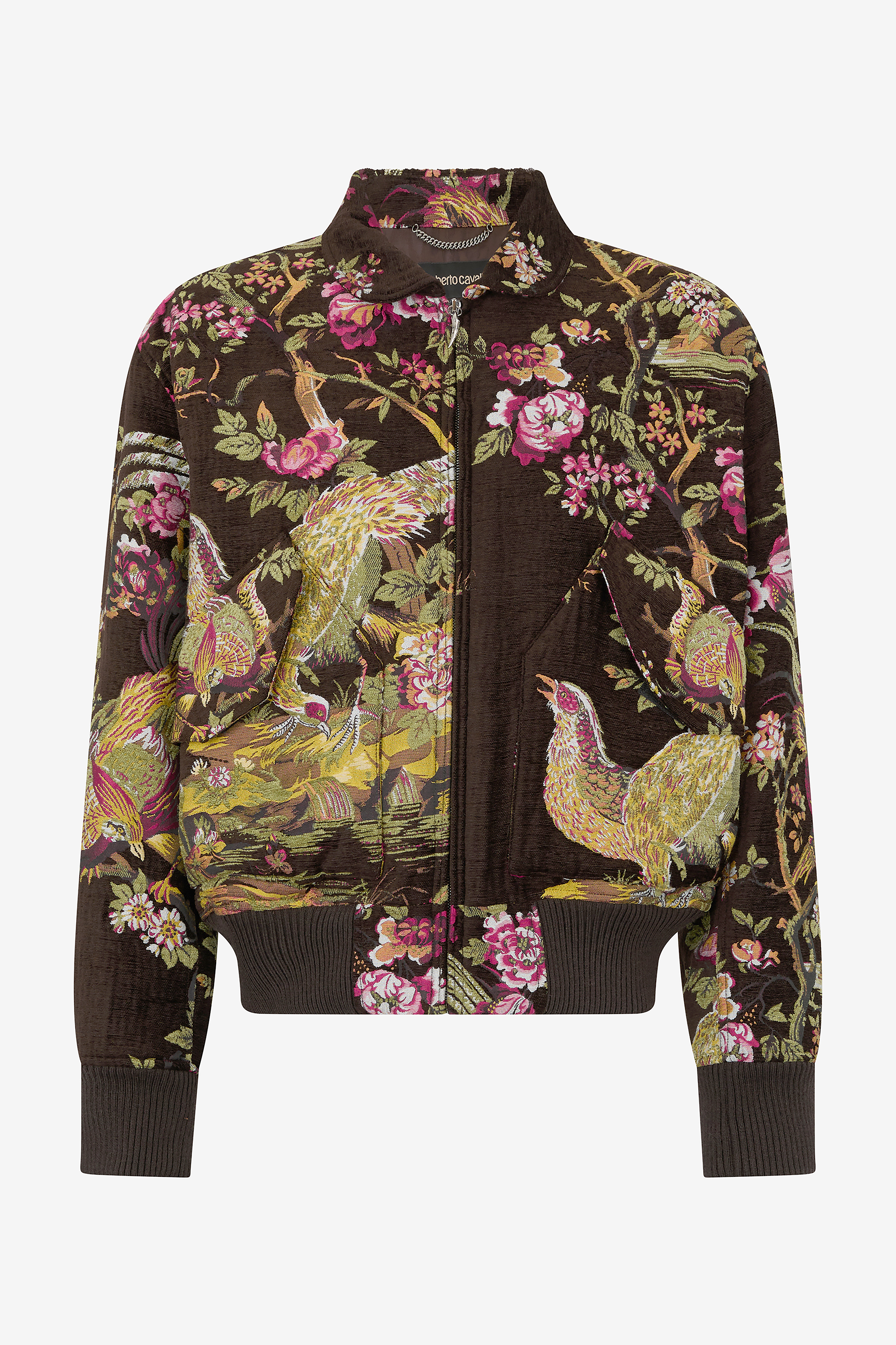 Roberto Cavalli Men's Brown Bomber Jacket With Oriental Bird Print - Promo Sale Fw2025
