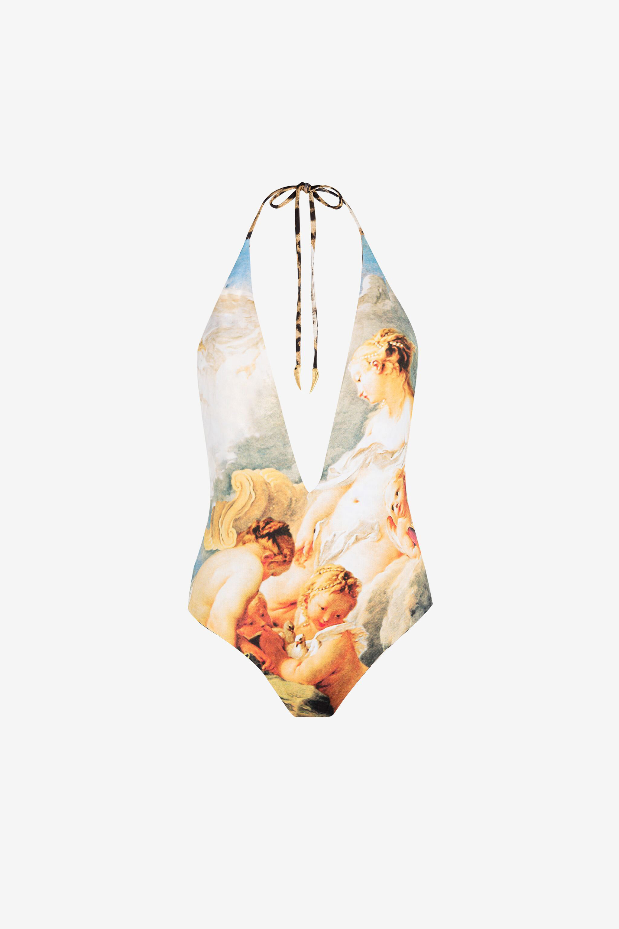 Shop Roberto Cavalli Neckholder-badeanzug Mit Malerei-print In Light Blue