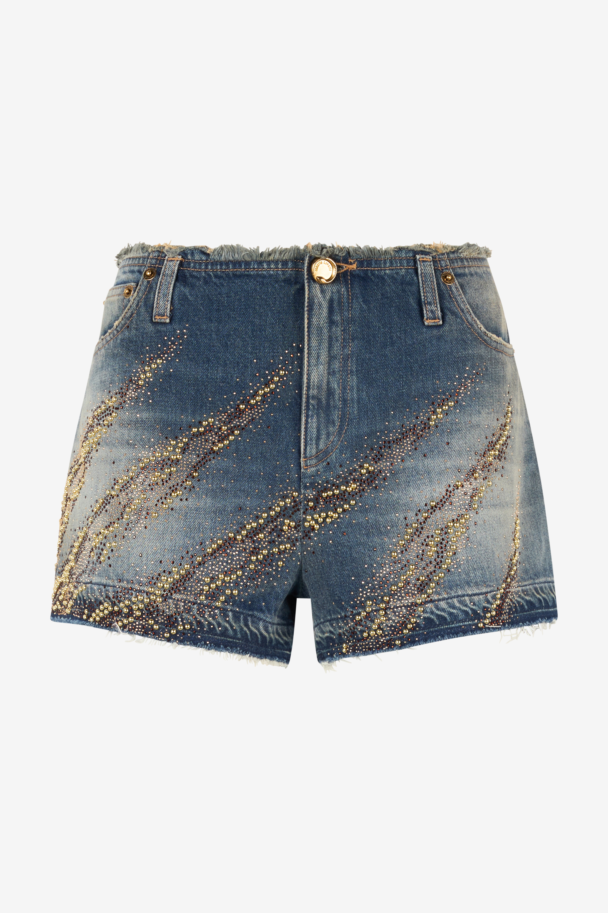 Roberto Cavalli Zebra Studded And Rhinestone Patterned Shorts In Blu Scuro 193921