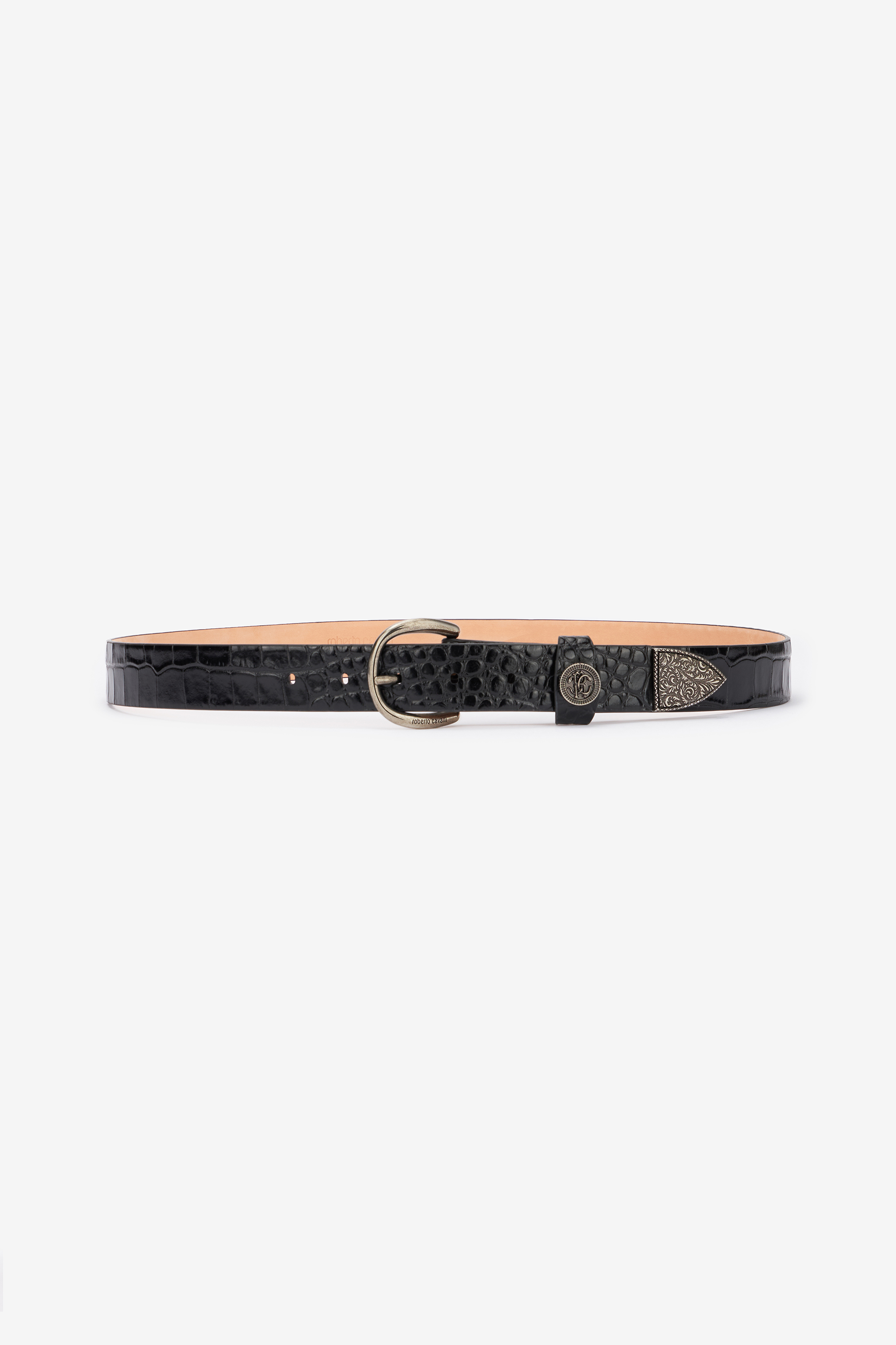 Roberto Cavalli Men's Black Leather Belt With Mirror Snake Monogram - Bags & Accessories