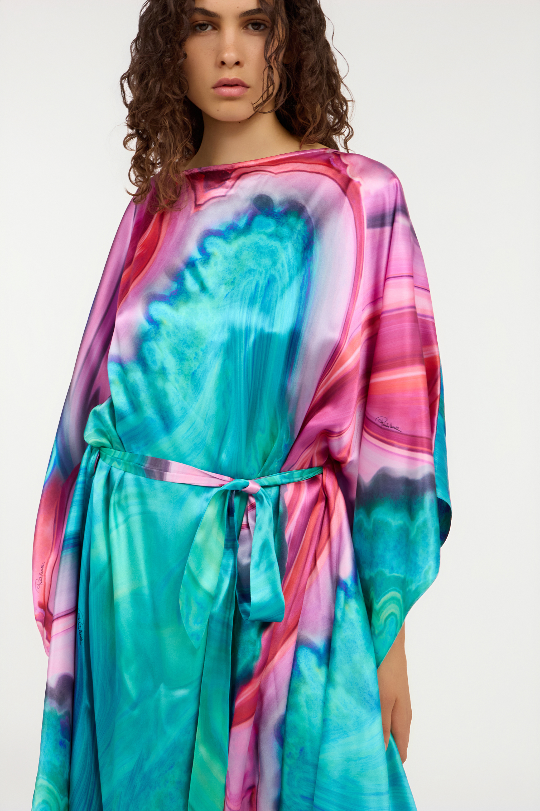 Roberto Cavalli Long Dress In Multicolor Marbled Silk In Multi