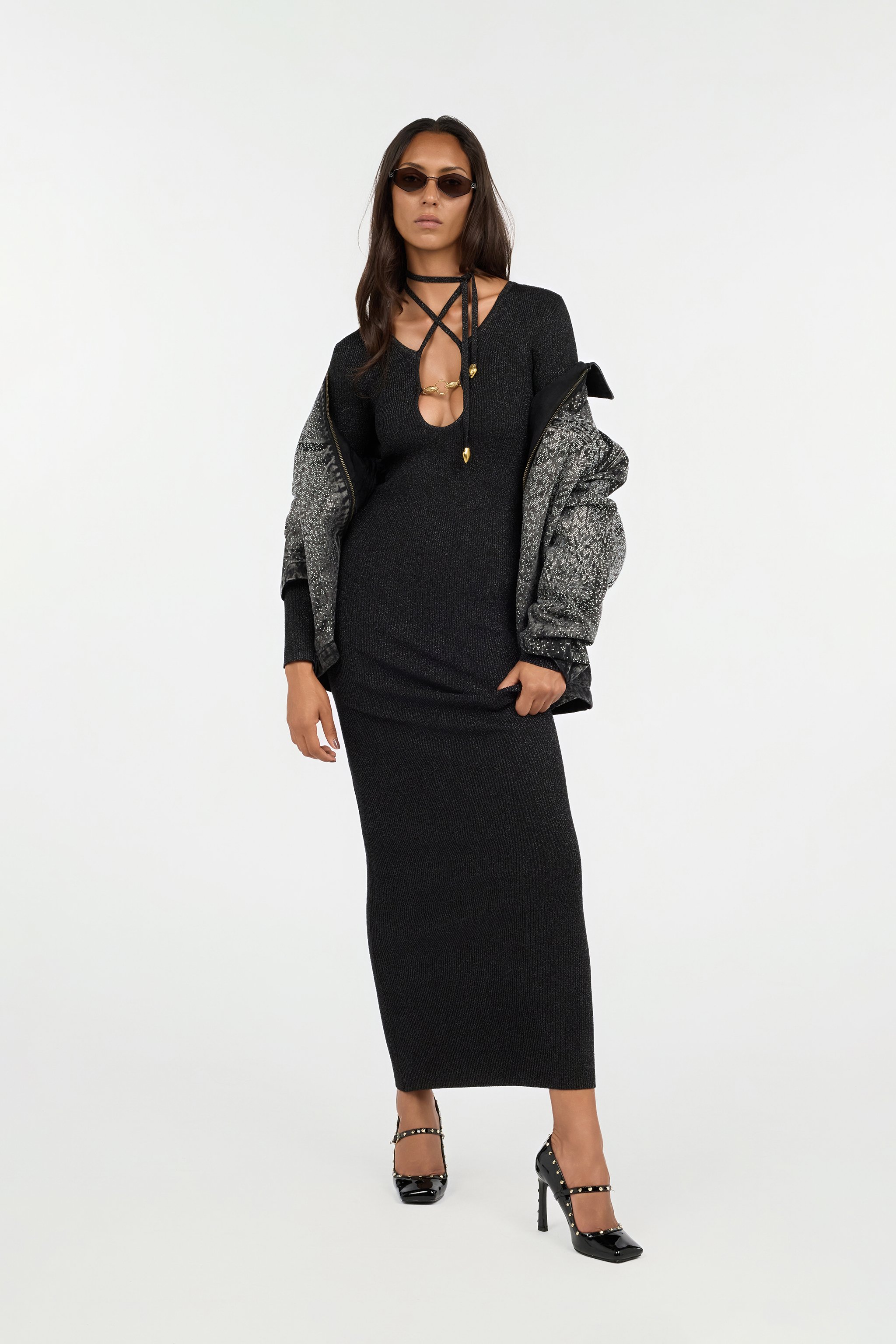 Roberto Cavalli Black Lurex Maxi Dress With Snake Hardware In Black
