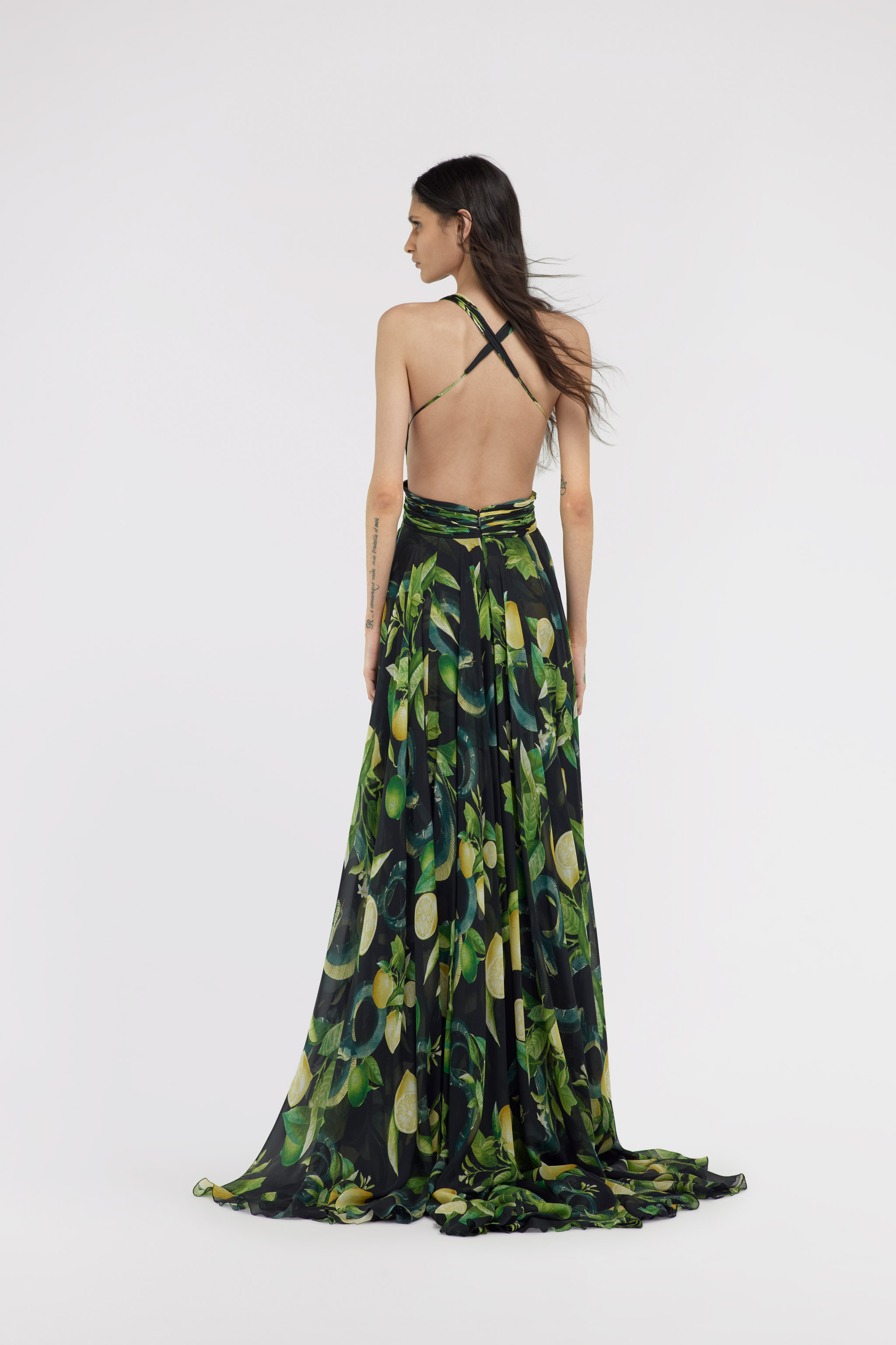 Roberto Cavalli Cut-out Lemon-print Maxi Dress In Black