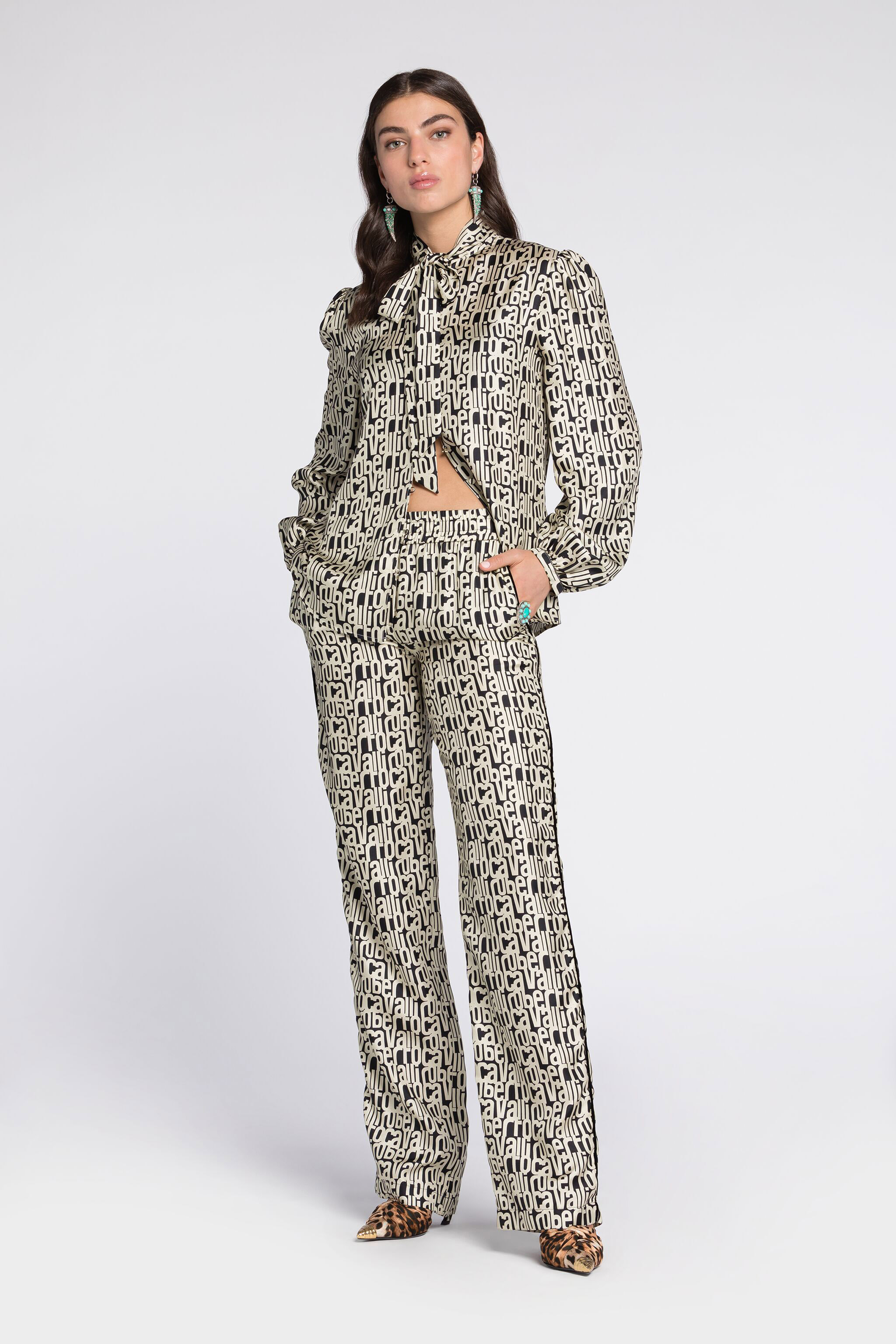 Roberto Cavalli Logo-print Silk Trousers In Black/white