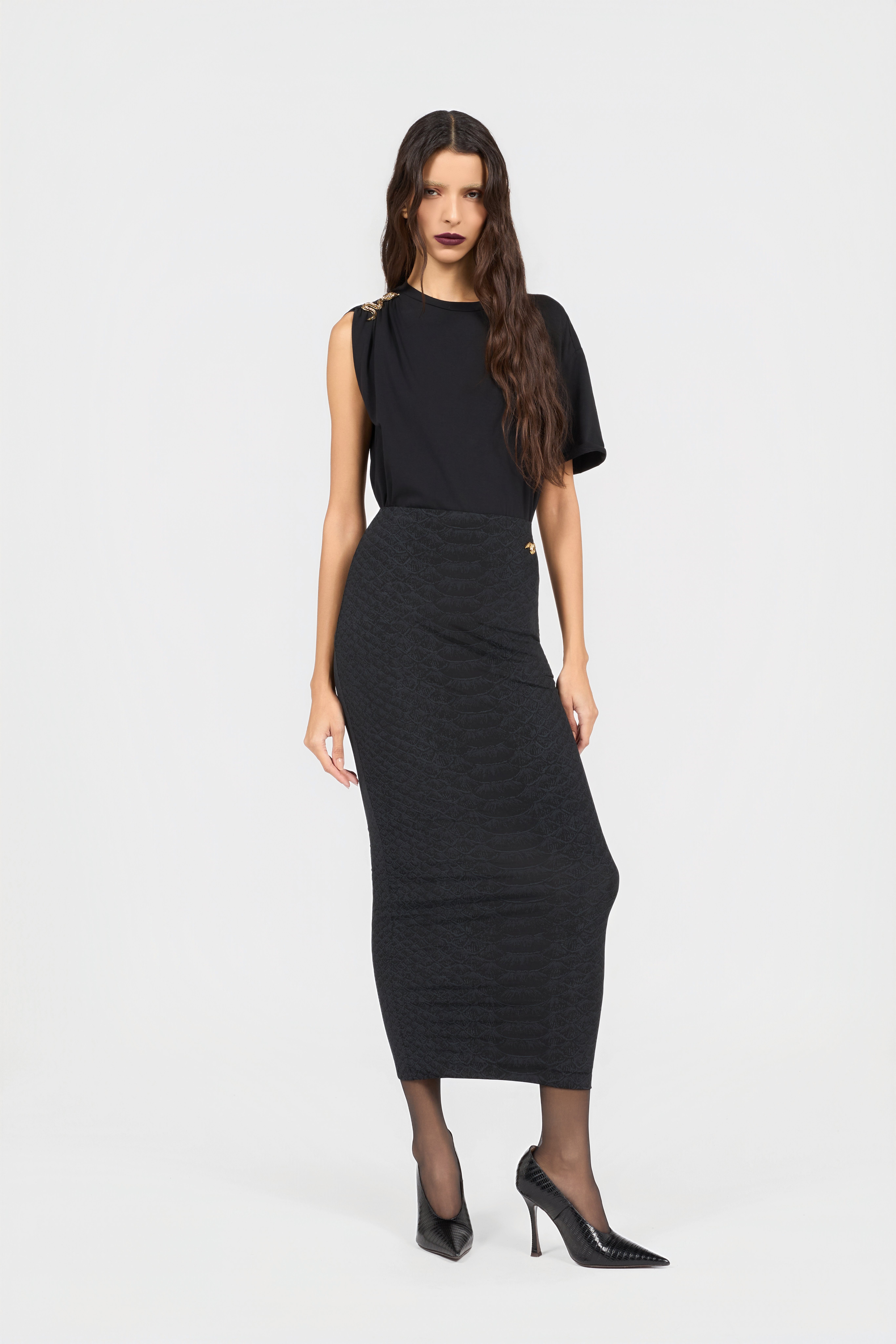 Roberto Cavalli Black Midi Skirt With Serpentine Print And Jewel Detail | Thumbnail 6