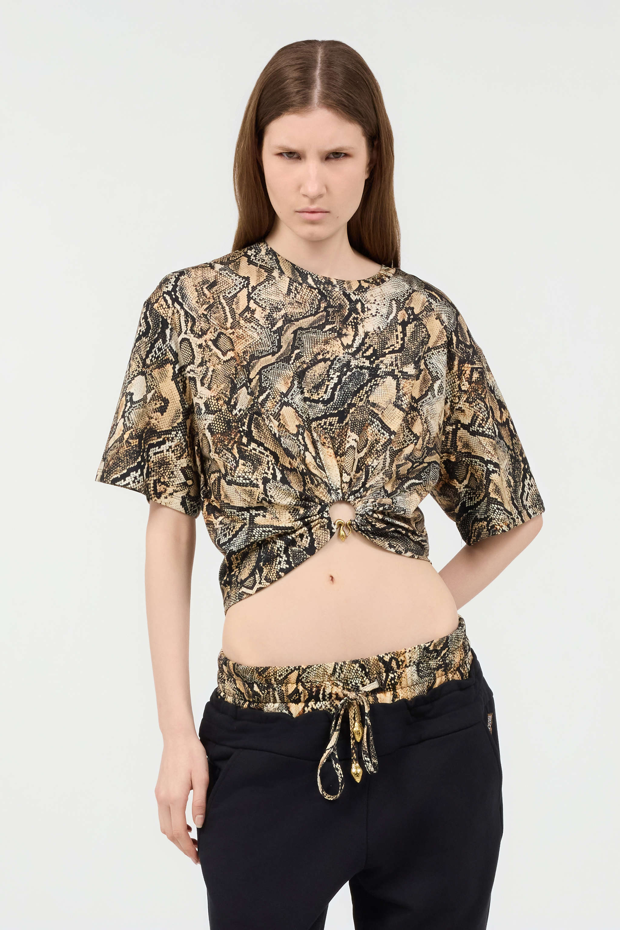Roberto Cavalli Crop Top With Python Print In 716 Marzapan + 738 C