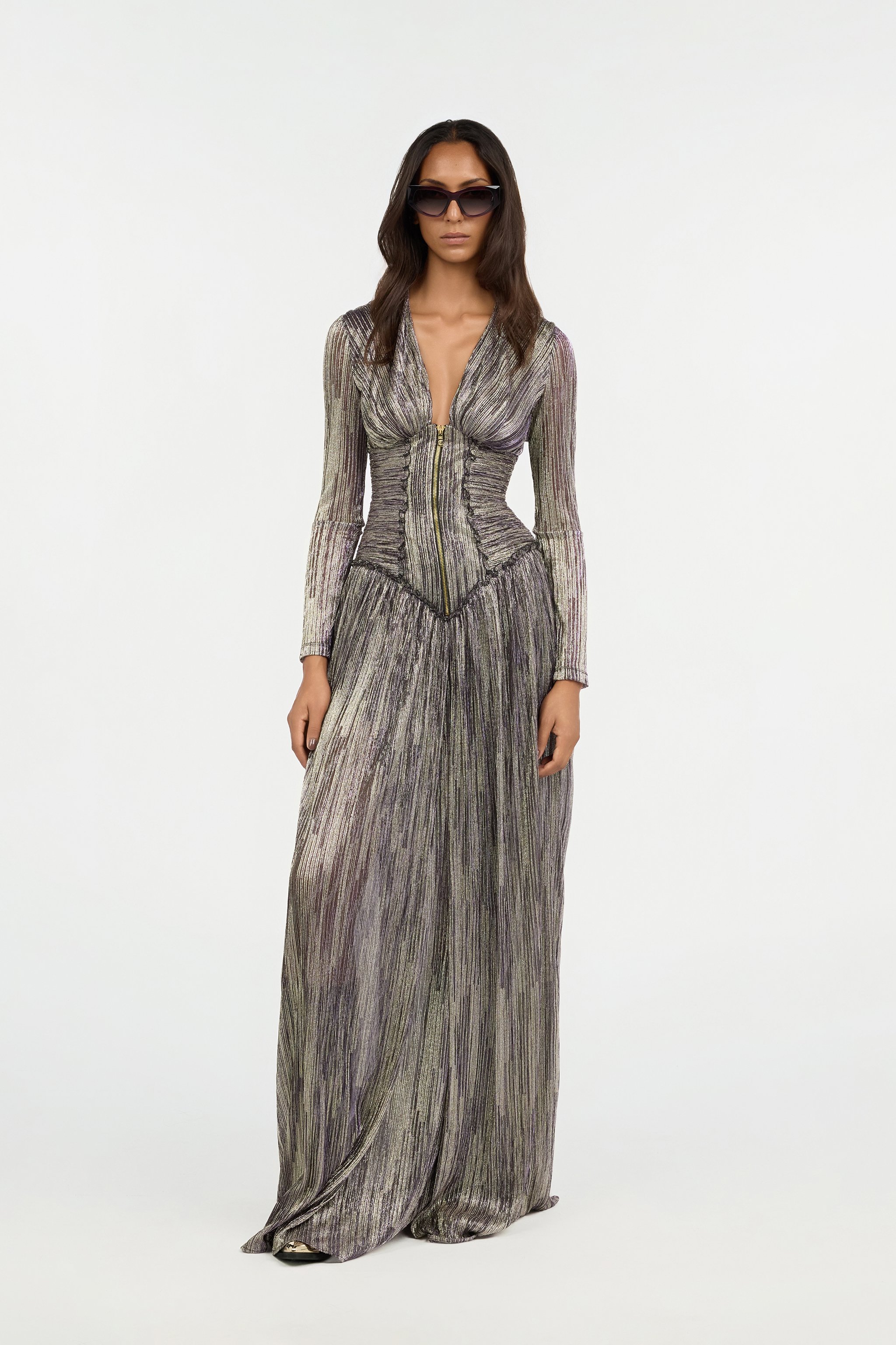 Roberto Cavalli Multicolor Lurex Corset Maxi Dress In Black