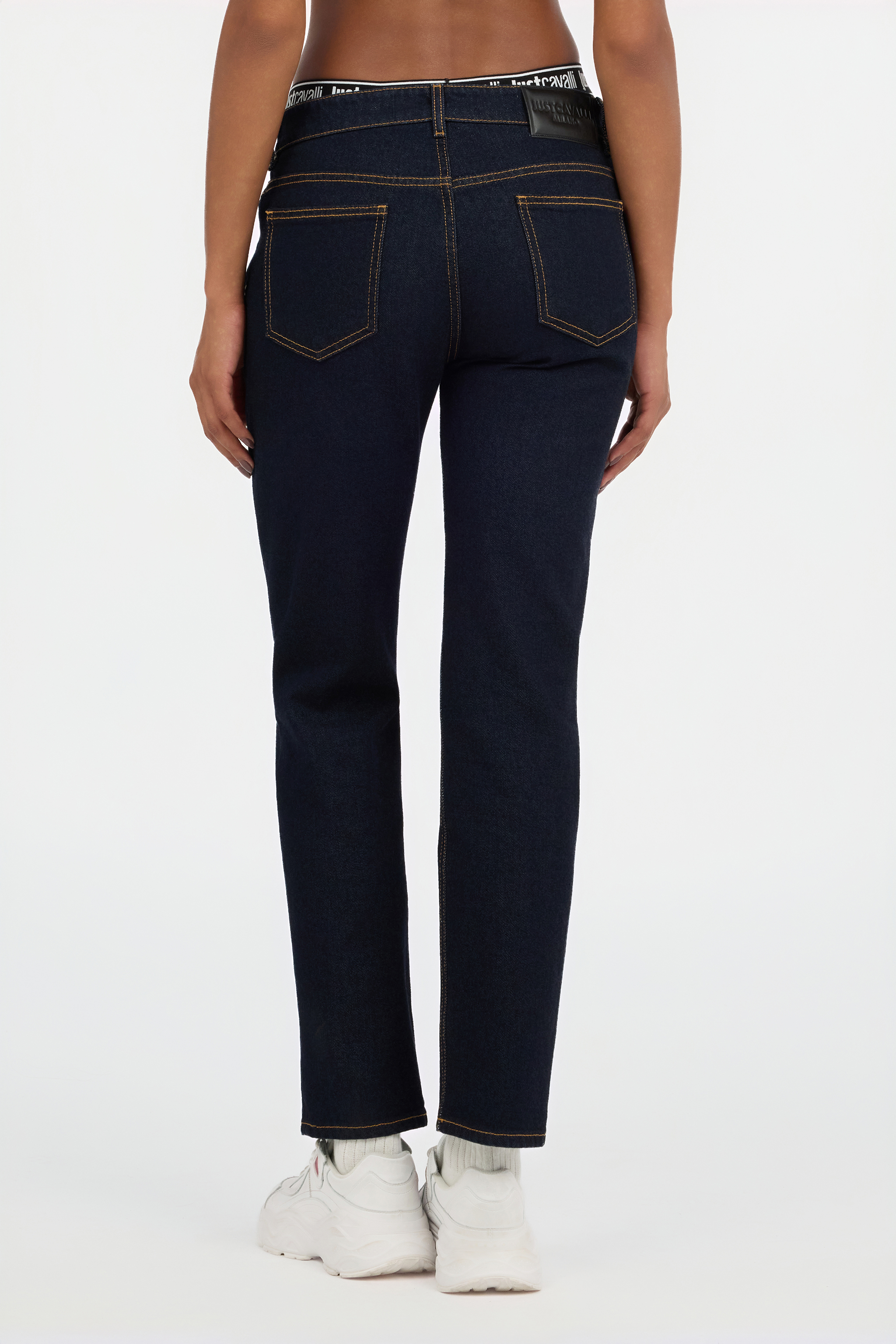 Dark Blue Straight Leg Jeans With Contrast Stitching
