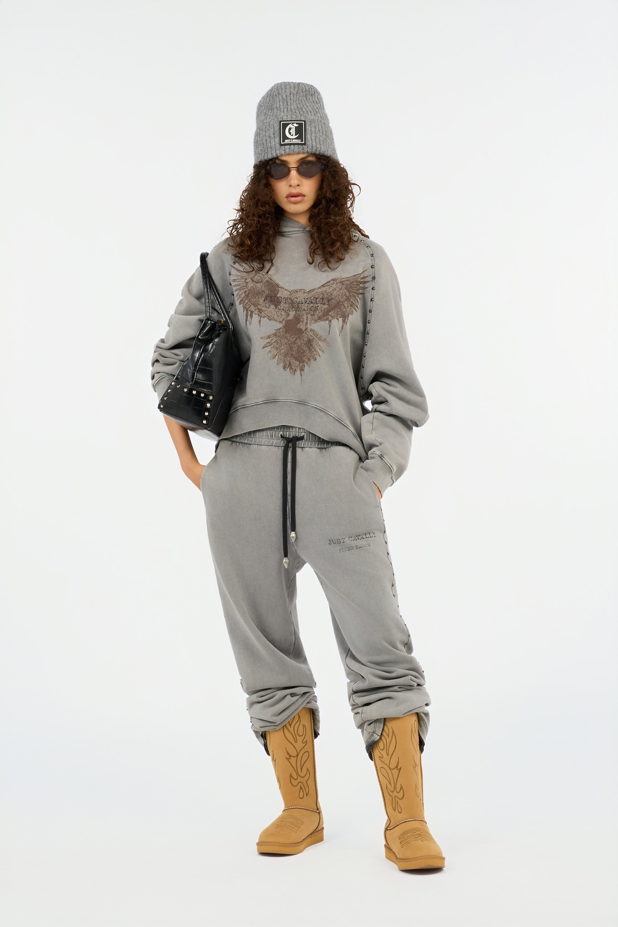 Roberto Cavalli Grey Eagle Print Hoodie In Gray