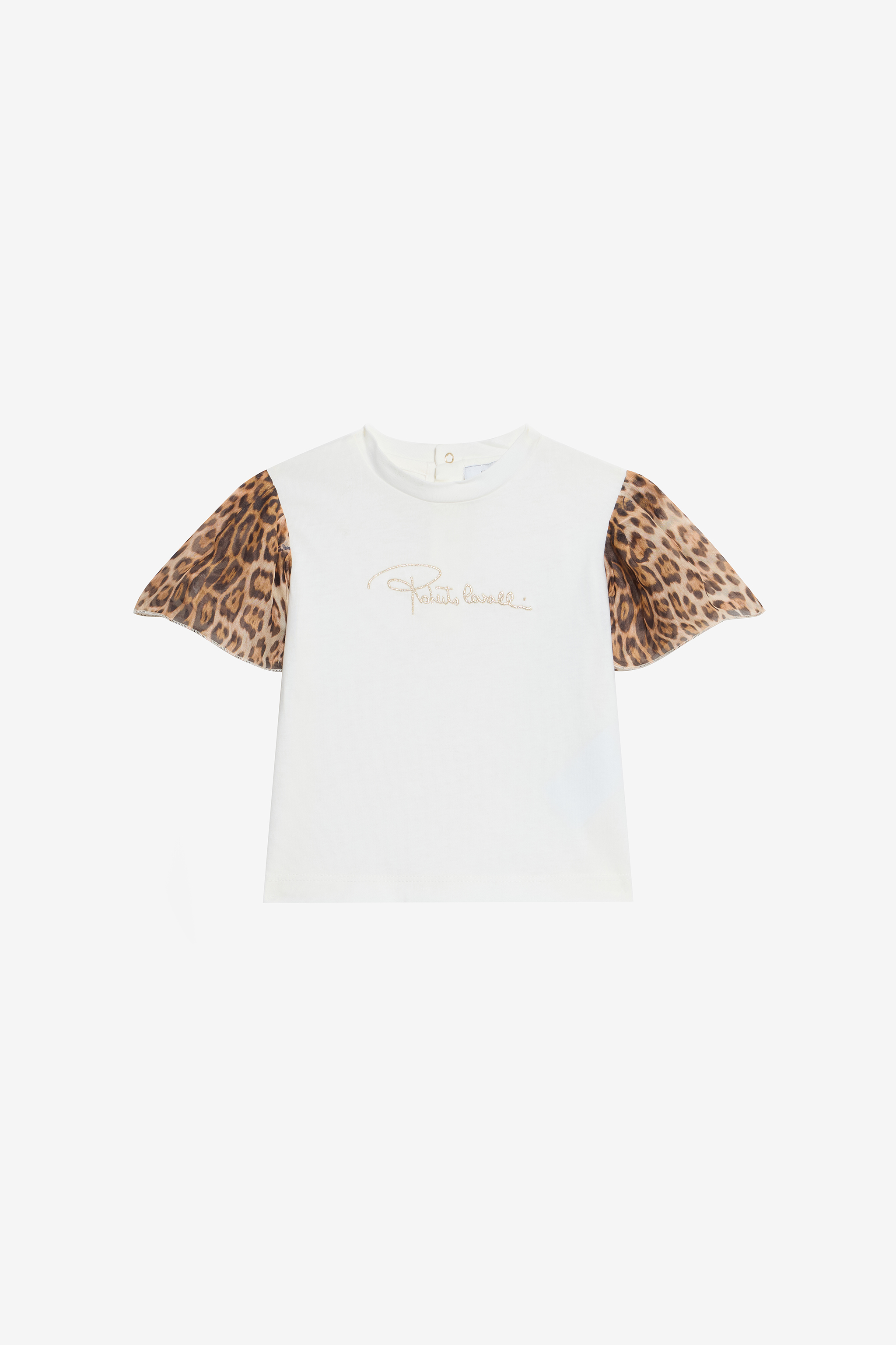 Roberto Cavalli Girls White T-Shirt With Leopard Print Sleeves - Ready To Wear Milky