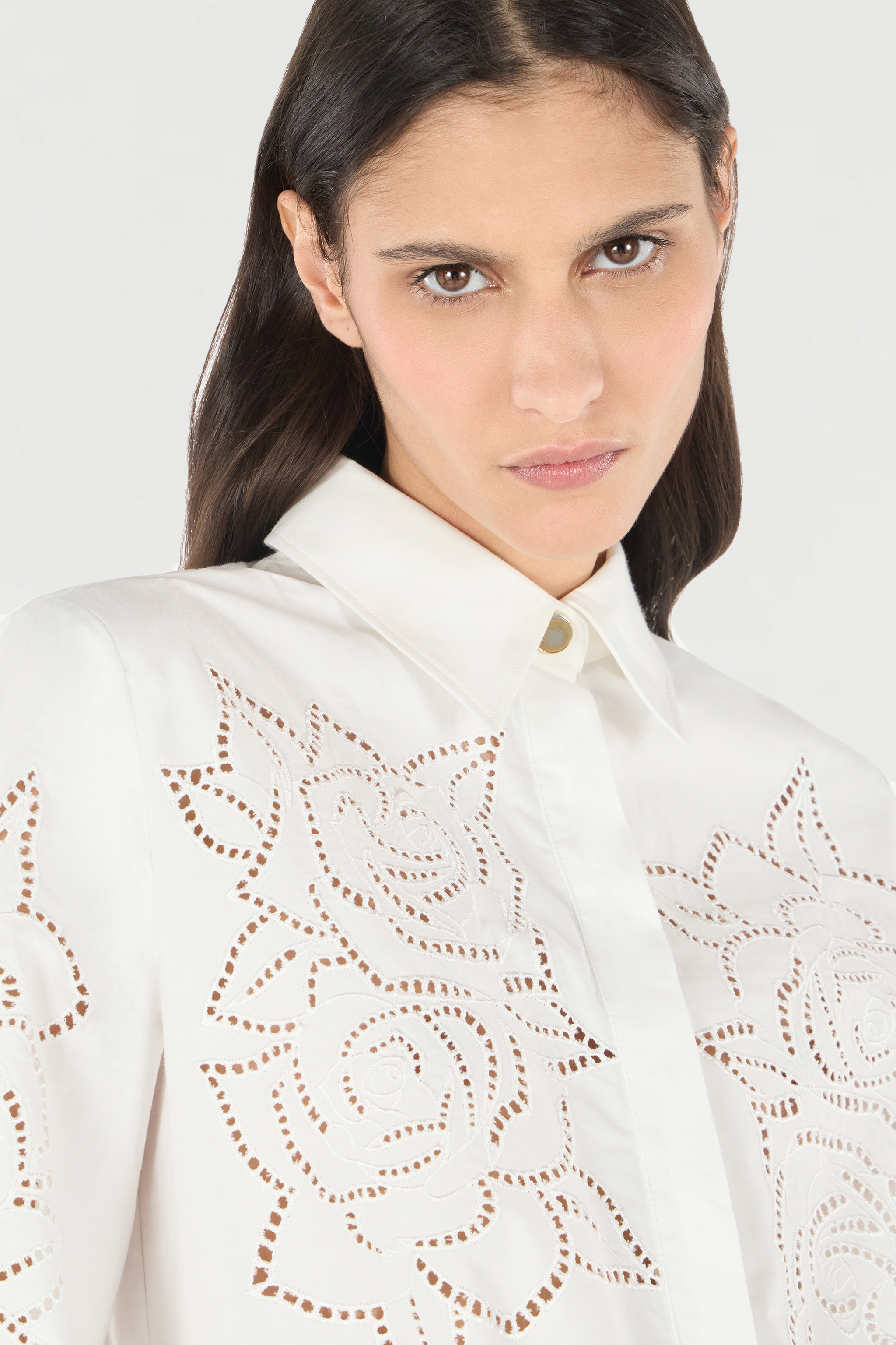 Roberto Cavalli Mini Shirt Dress With Perforated Roses In White