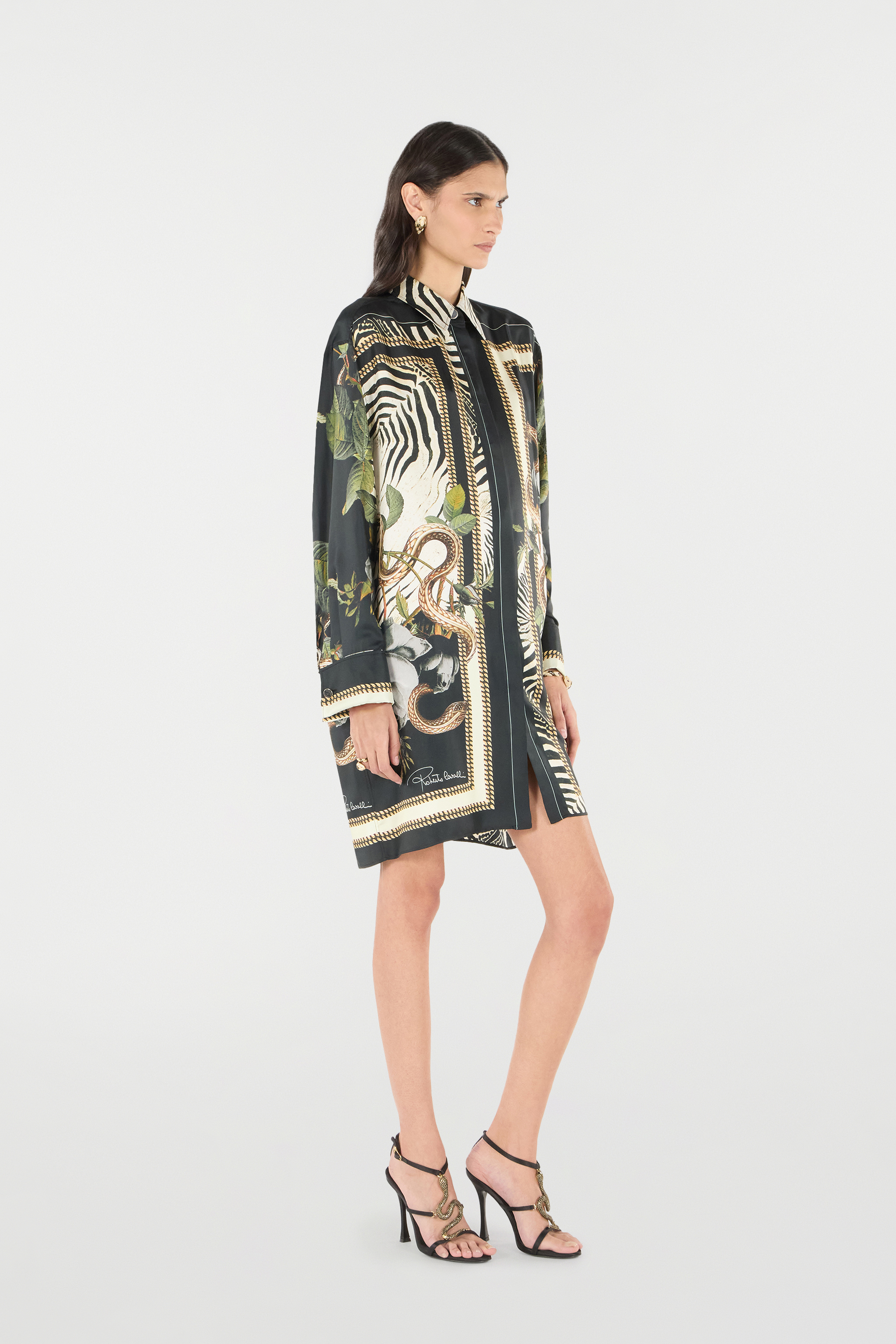 Roberto Cavalli Long Shirt With Zebra And Snake Print In Black