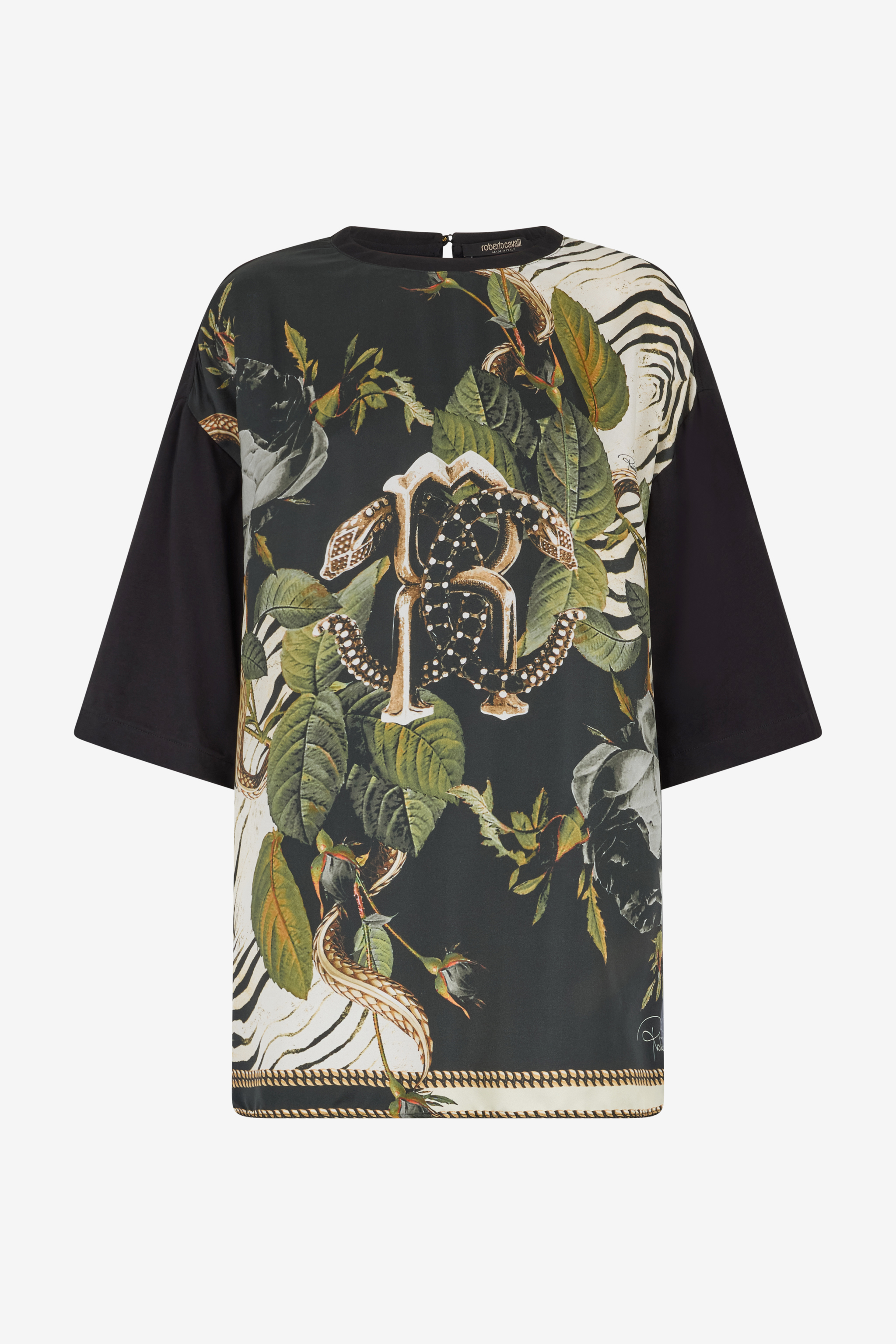 Roberto Cavalli Women's Dark/Green T-Shirt With Mirror Snake Monogram And Jungle Print - Ready To Wear