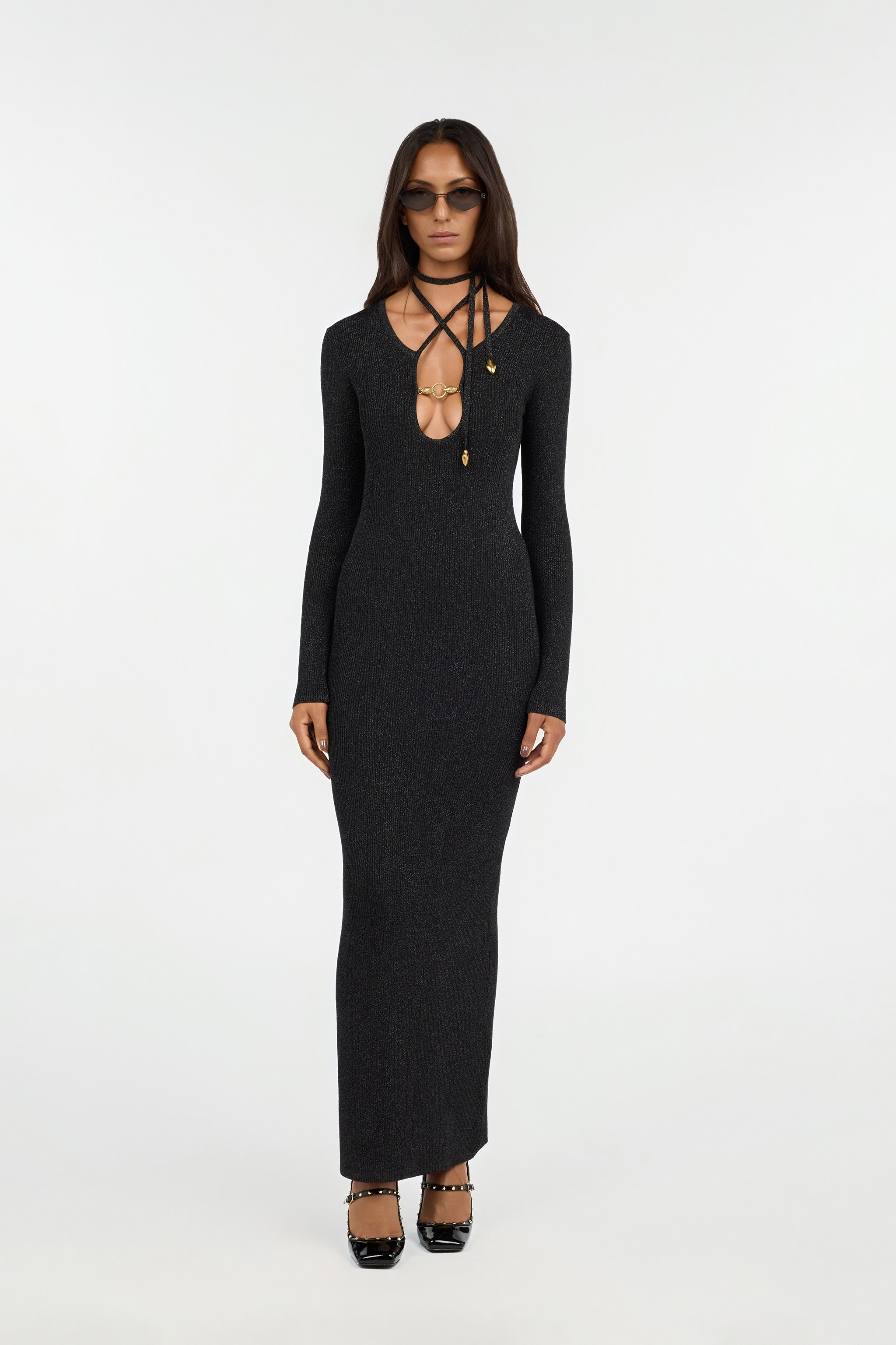 Roberto Cavalli Black Lurex Maxi Dress With Snake Hardware In Black