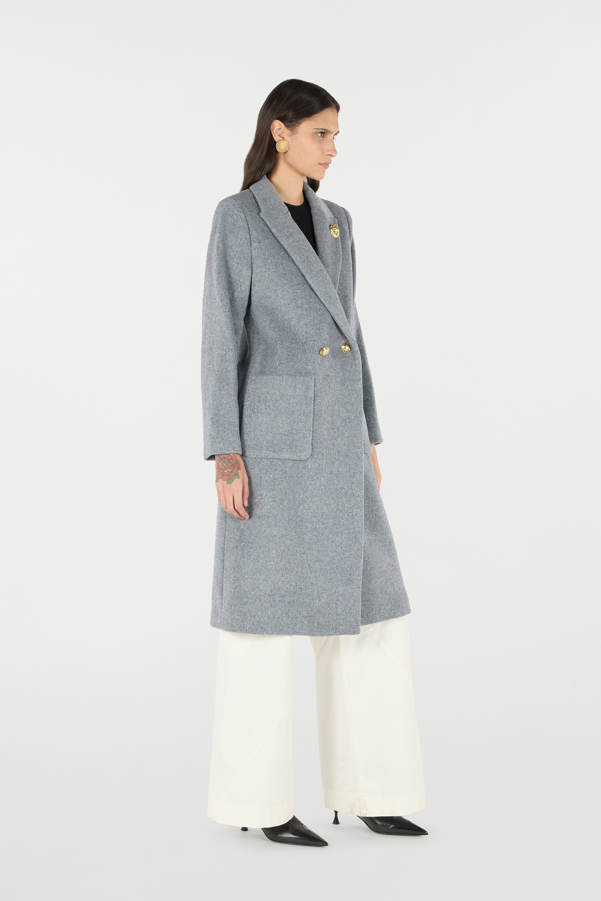 Roberto Cavalli Double-breasted Long Coat In Grey Melange