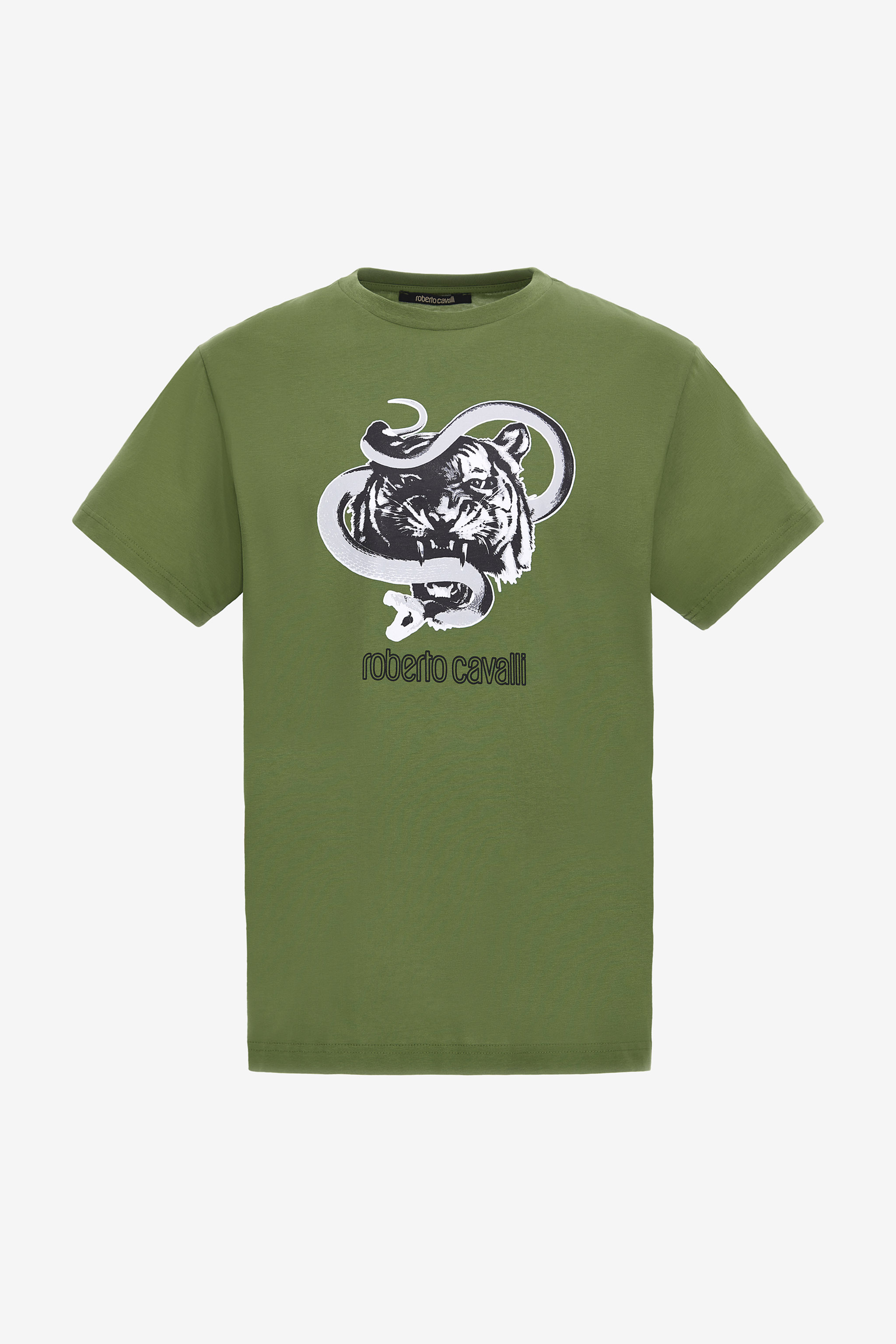 Roberto Cavalli T-shirt With Jaguar And Snake Prints In Green