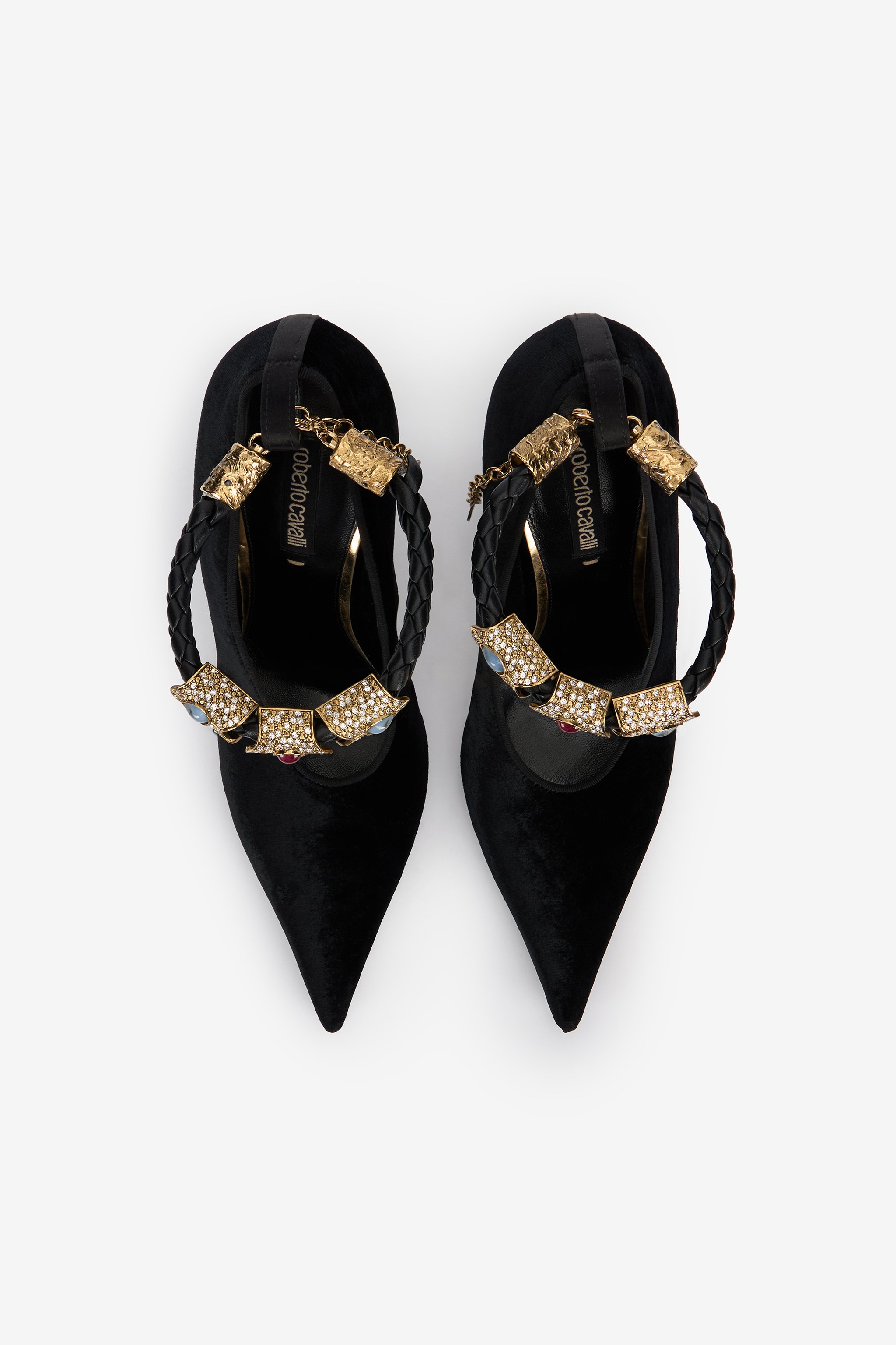 Roberto Cavalli Velvet Stiletto Heels With Jewel Anklet In Black