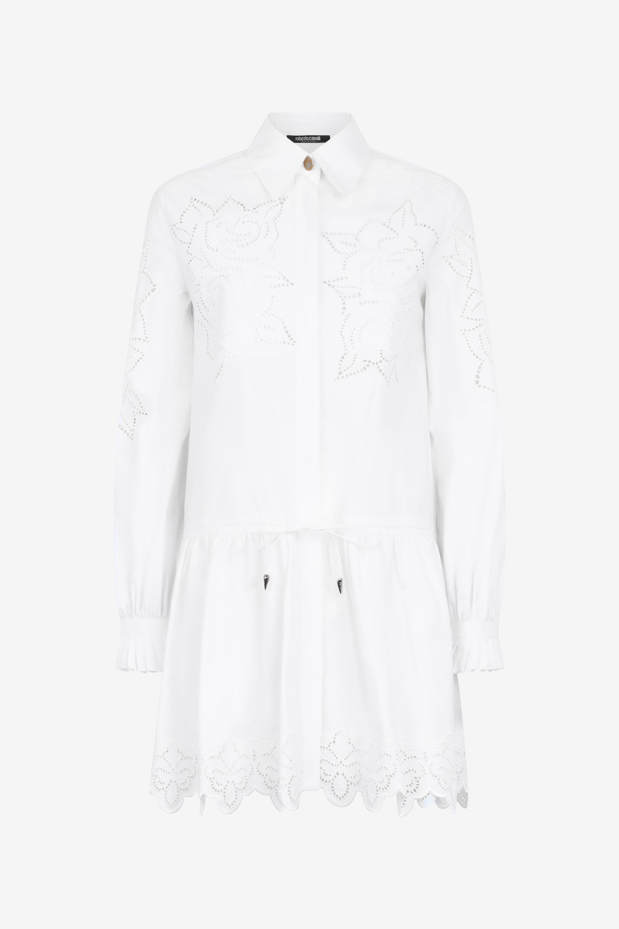 Roberto Cavalli Mini Shirt Dress With Perforated Roses In White