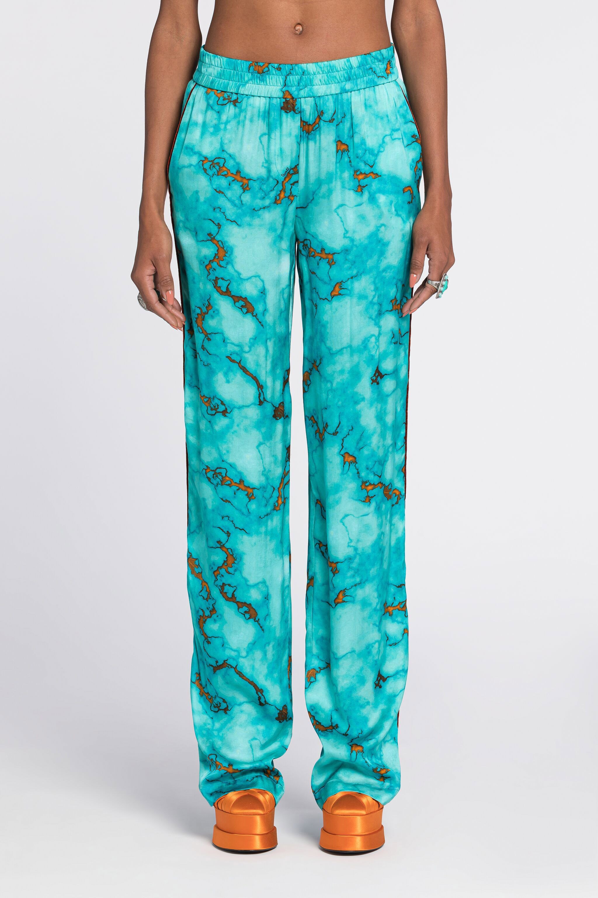 Roberto Cavalli Marble-print Straight-leg Trousers In Light Blue