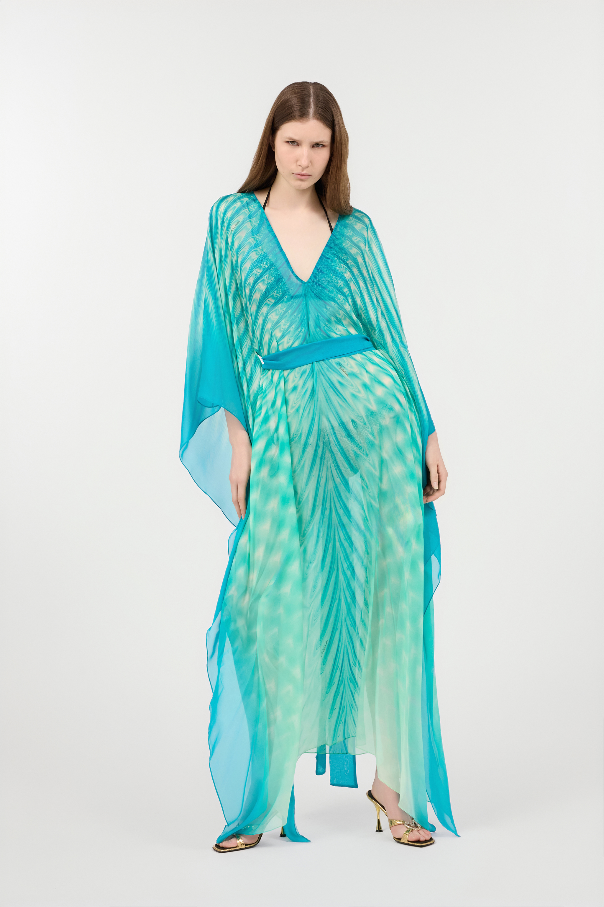Roberto Cavalli Long Kaftan With Optical Glass Print In Light Green