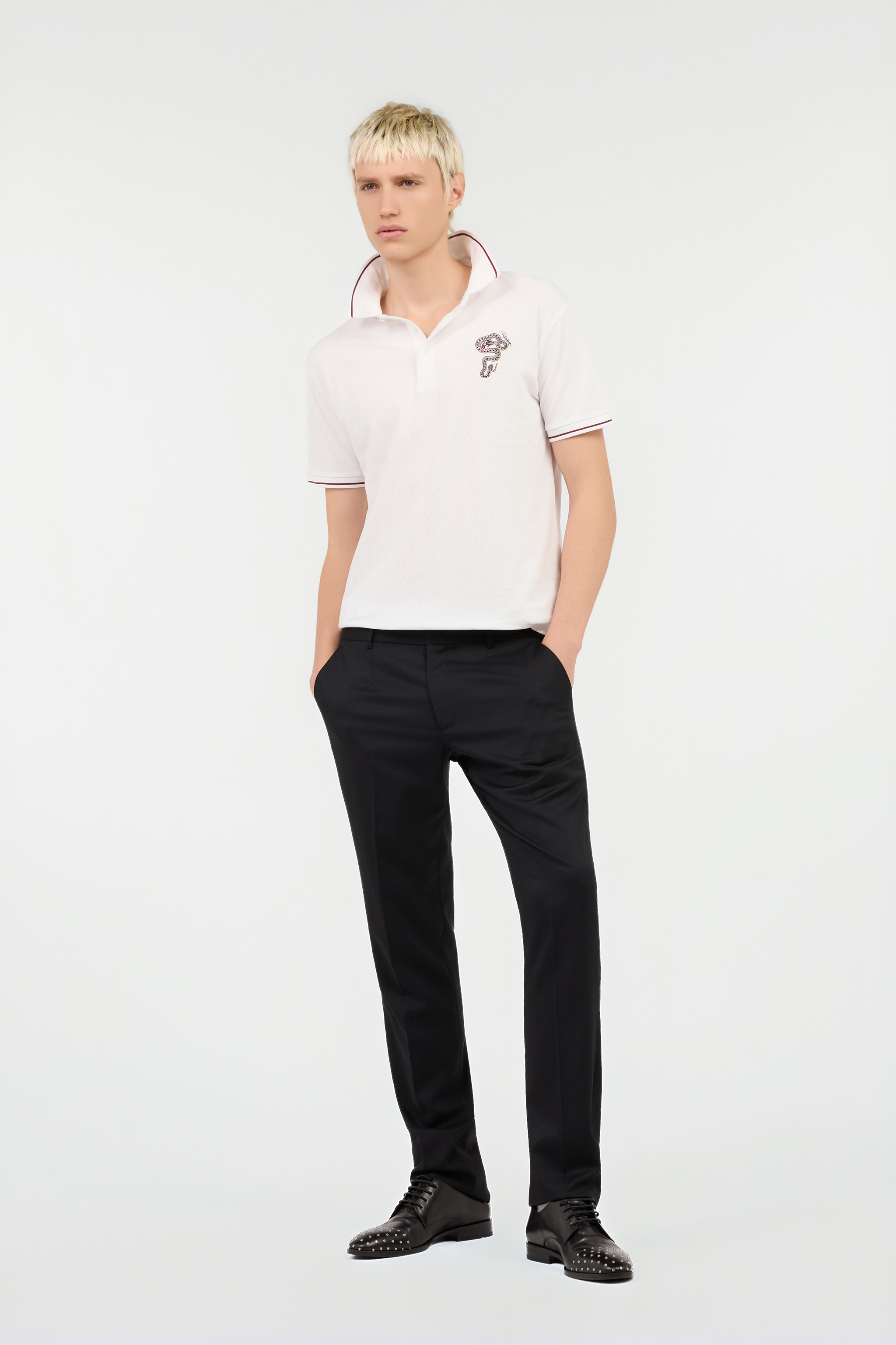 White Cotton Polo With Embroidered Snake