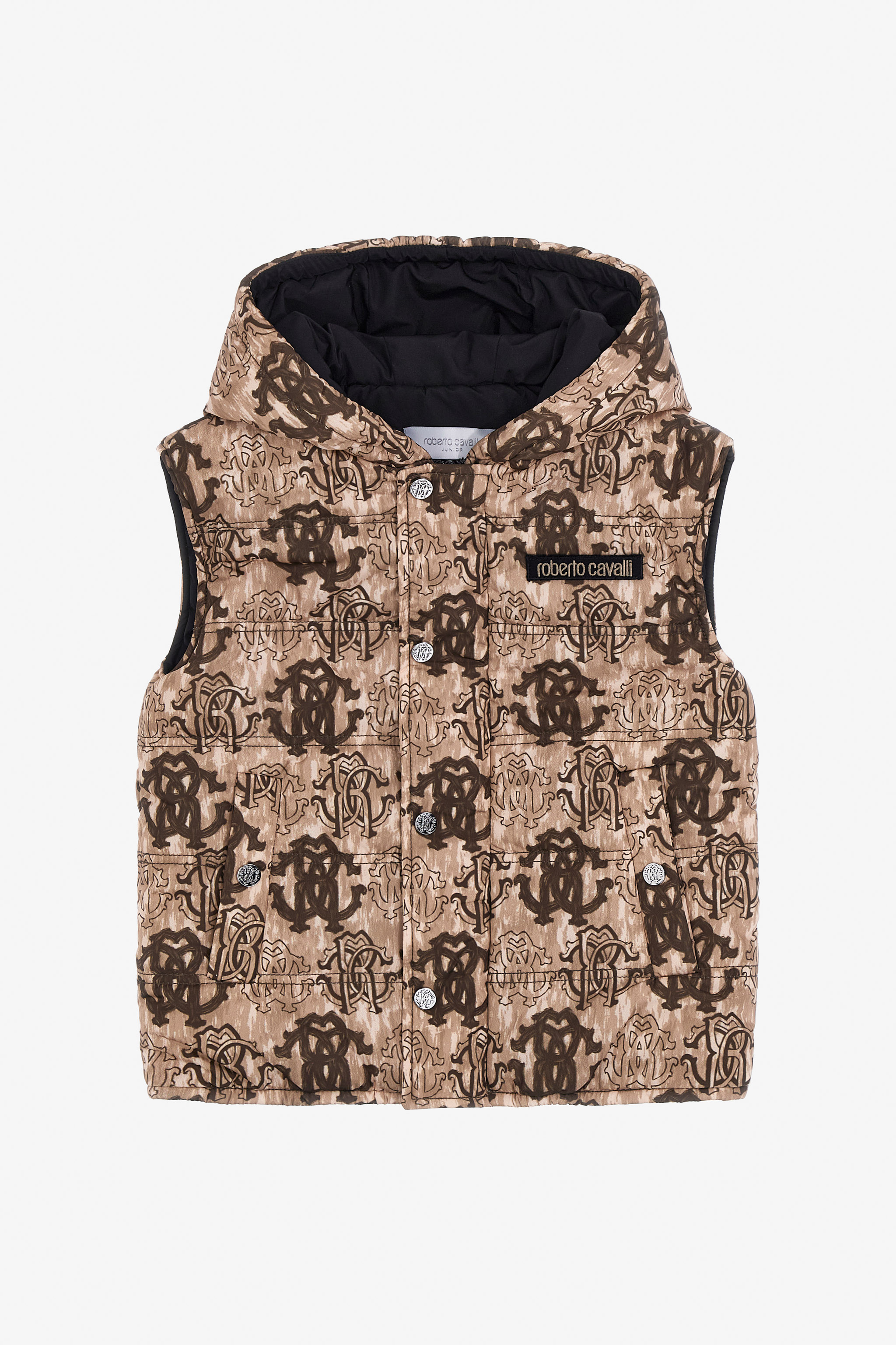Roberto Cavalli 3d Monogram Print Down Vest In Light Brown
