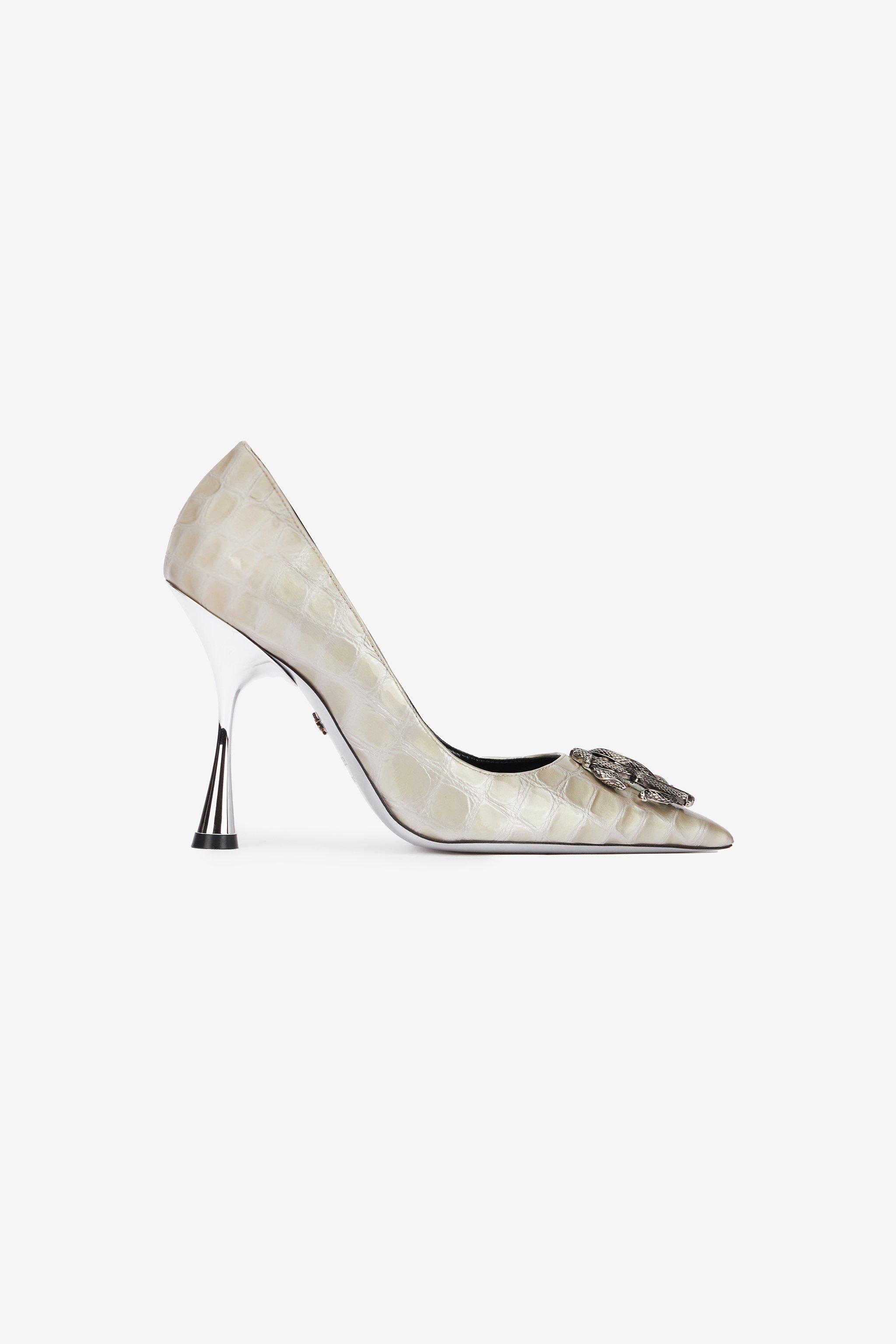 Roberto Cavalli Pumps With Mirror Snake Monogram In Silver