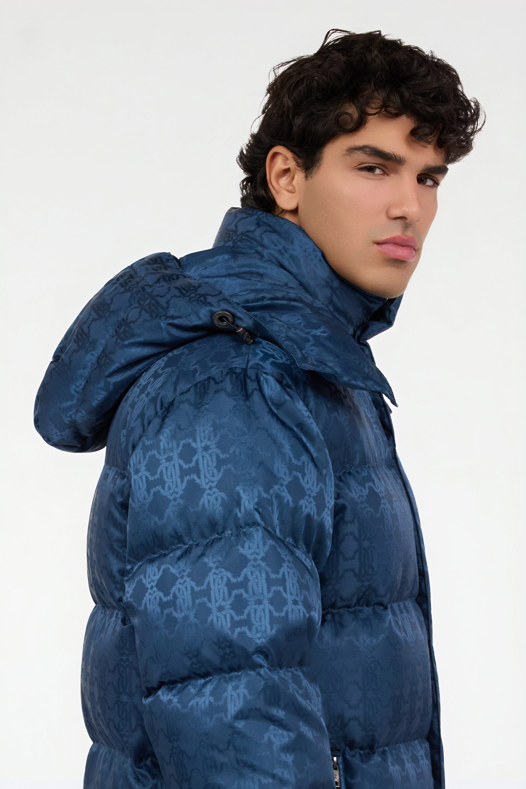 Blue Down Jacket with RC Monogram All Over