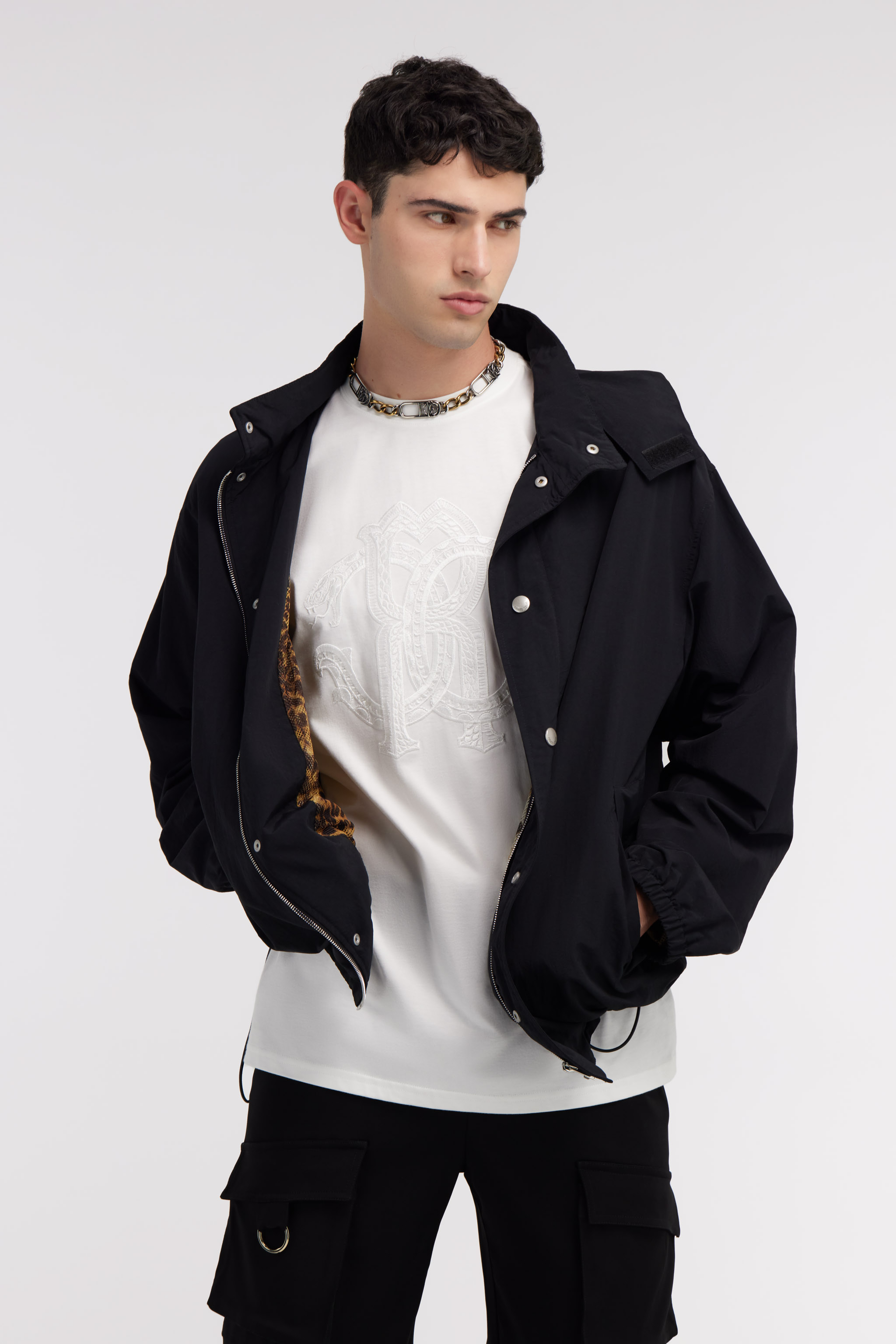 Roberto Cavalli Bomber Jacket With Logo In Black