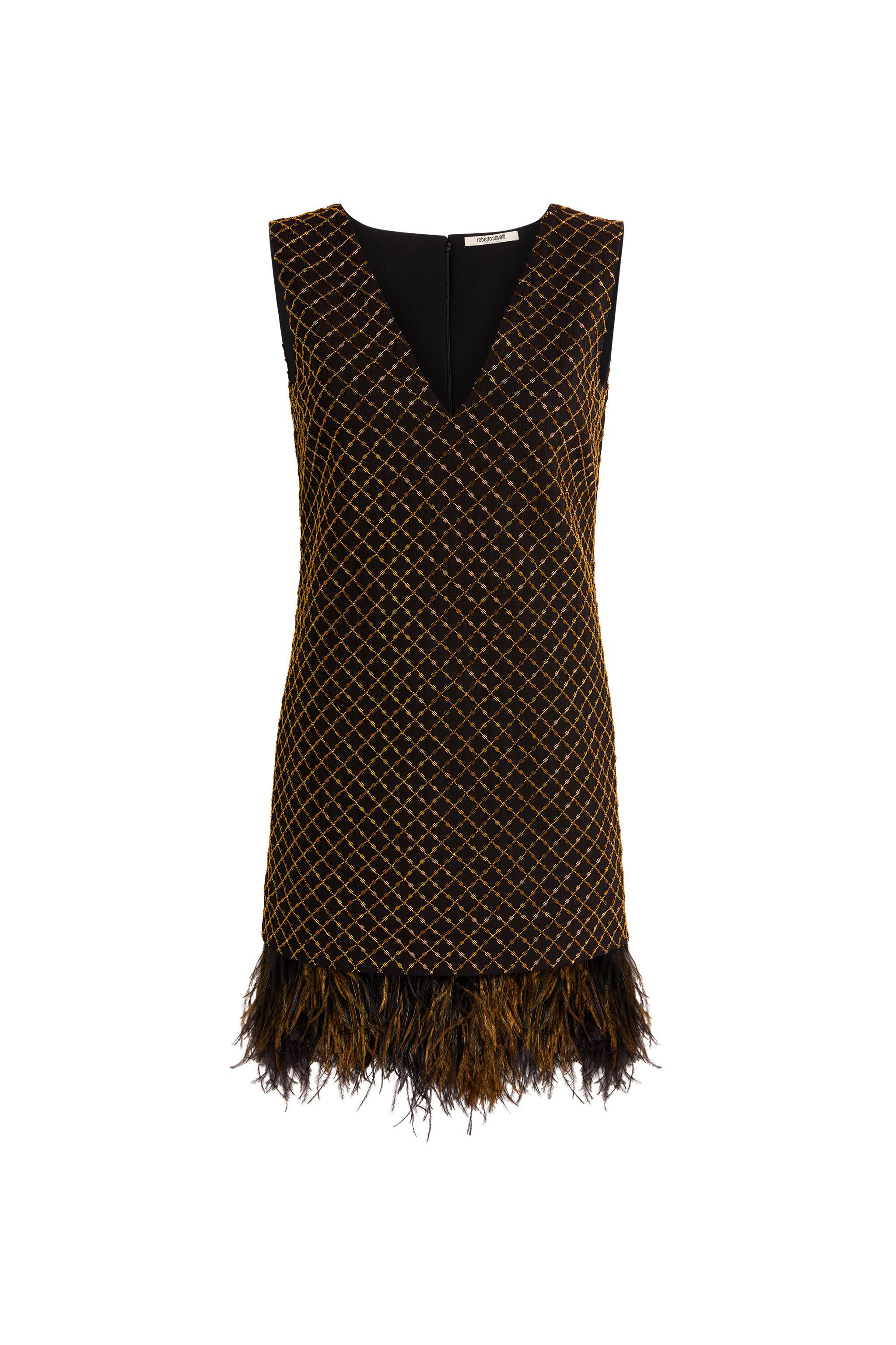 Roberto Cavalli Geometric Grid-embroidered Minidress In Black