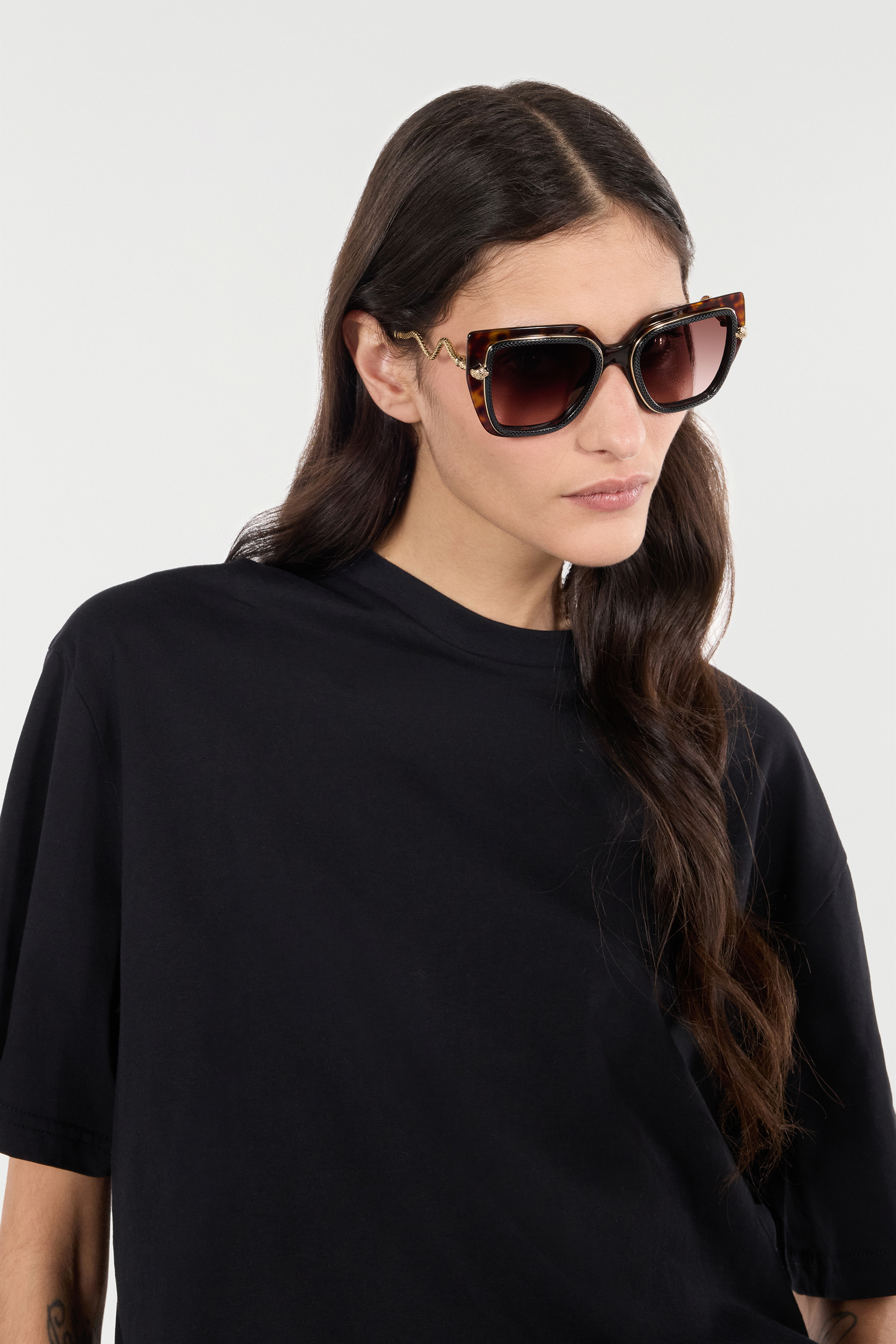  Roberto Cavalli Wide And Feminine Front Sunglasses With Double Ring Decoration - Female Eyewear Black Top+havana Unica 