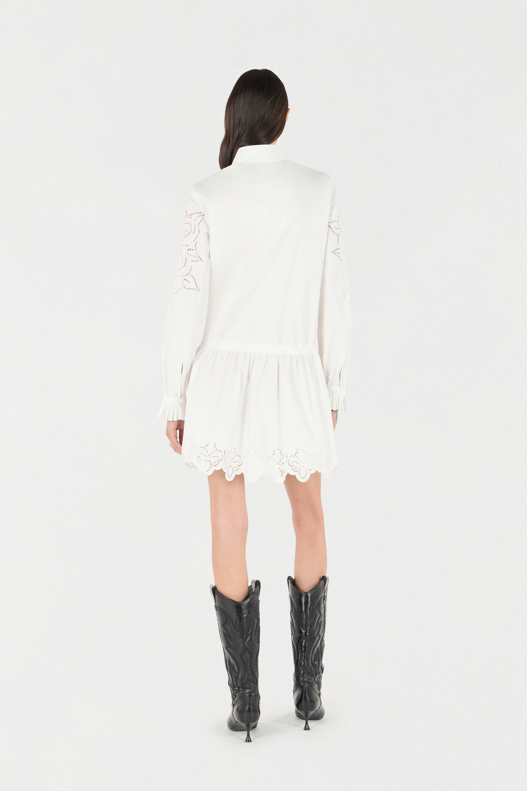 Roberto Cavalli Mini Shirt Dress With Perforated Roses In White