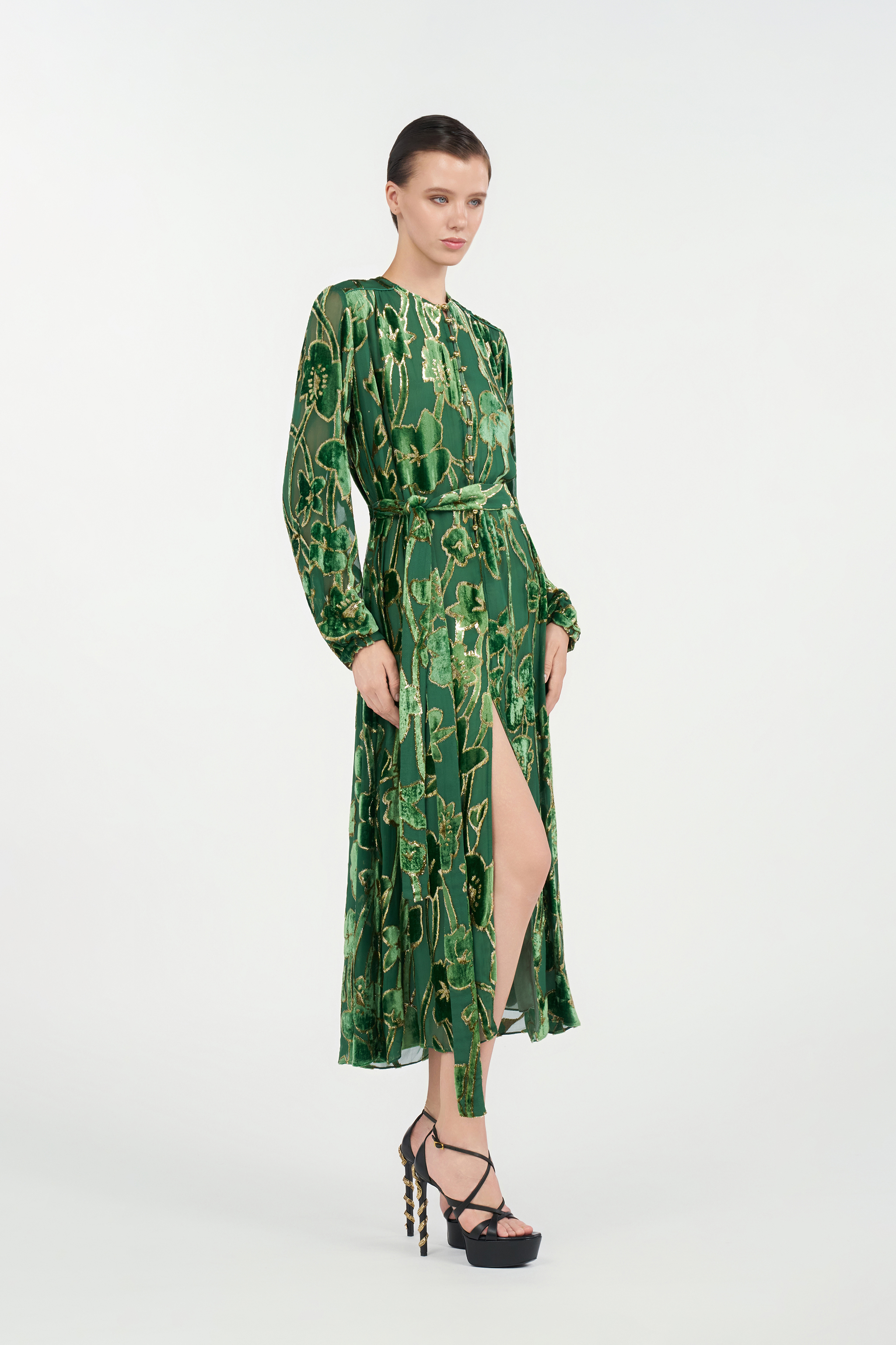 Roberto Cavalli Velvet Floral-print Midi Dress In Brown