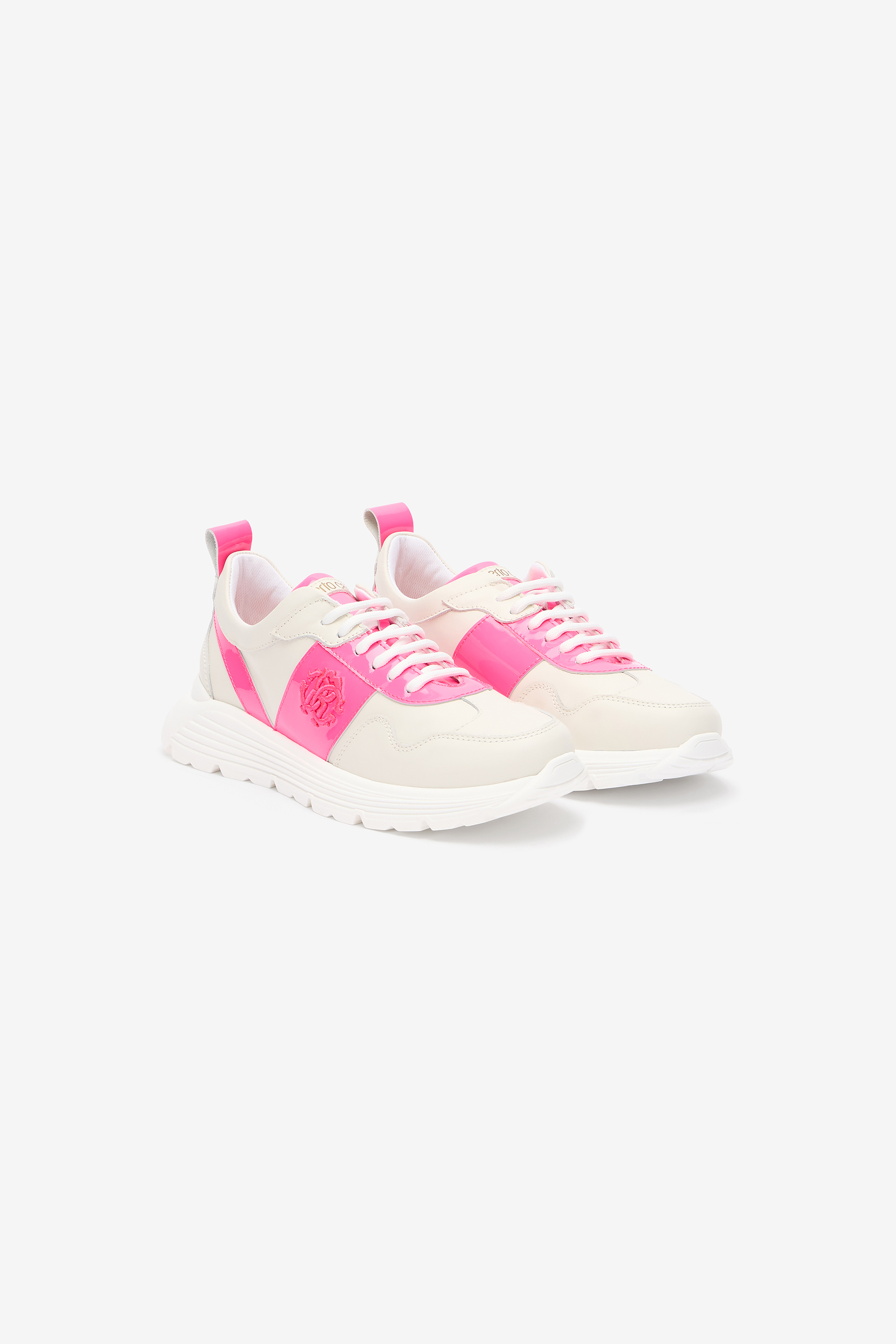 Roberto Cavalli White And Pink Leather Running Shoes With Monogram Rc In White