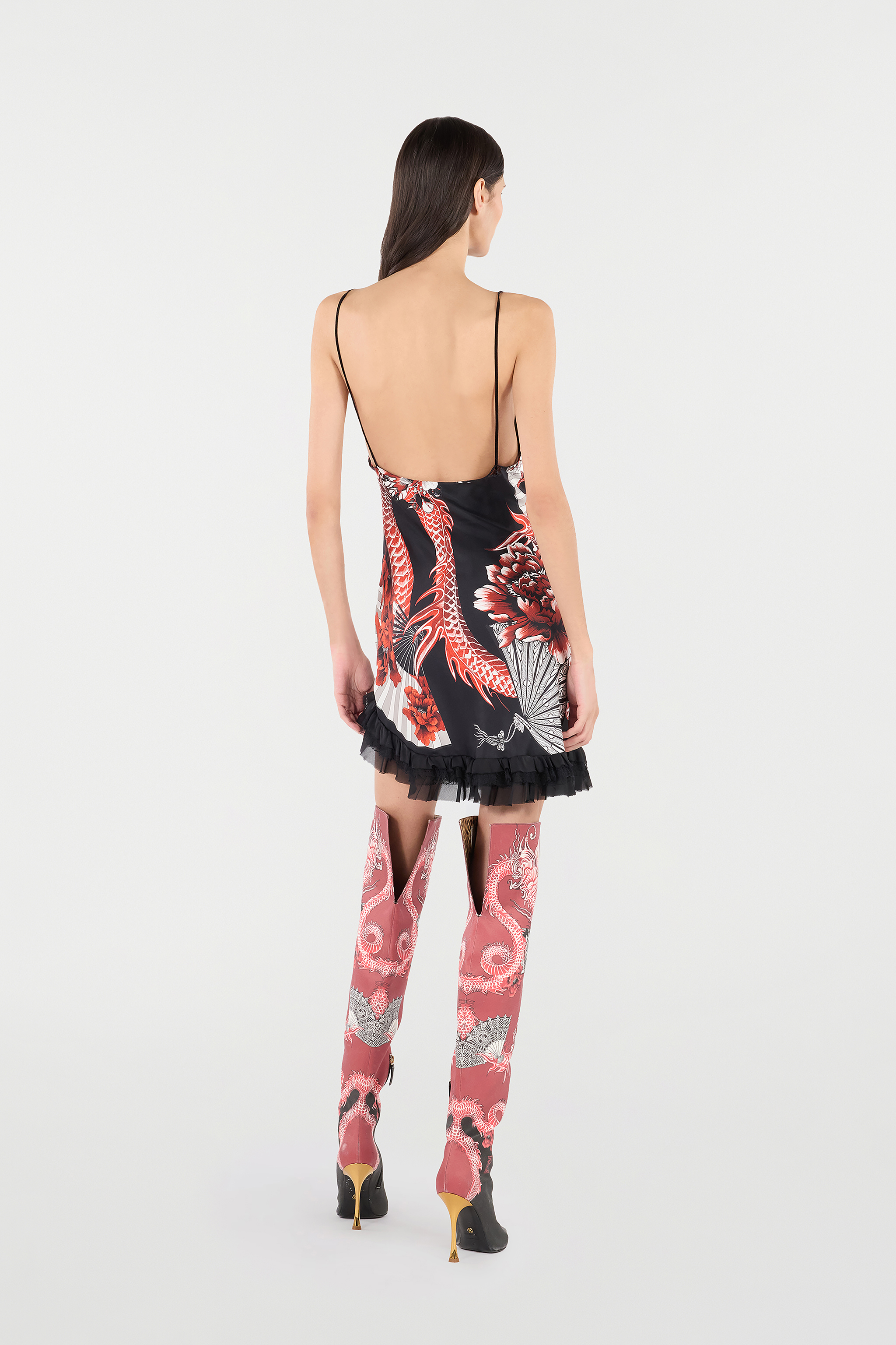 Shop Roberto Cavalli Silk Mini Dress With Dragon And Ruffles