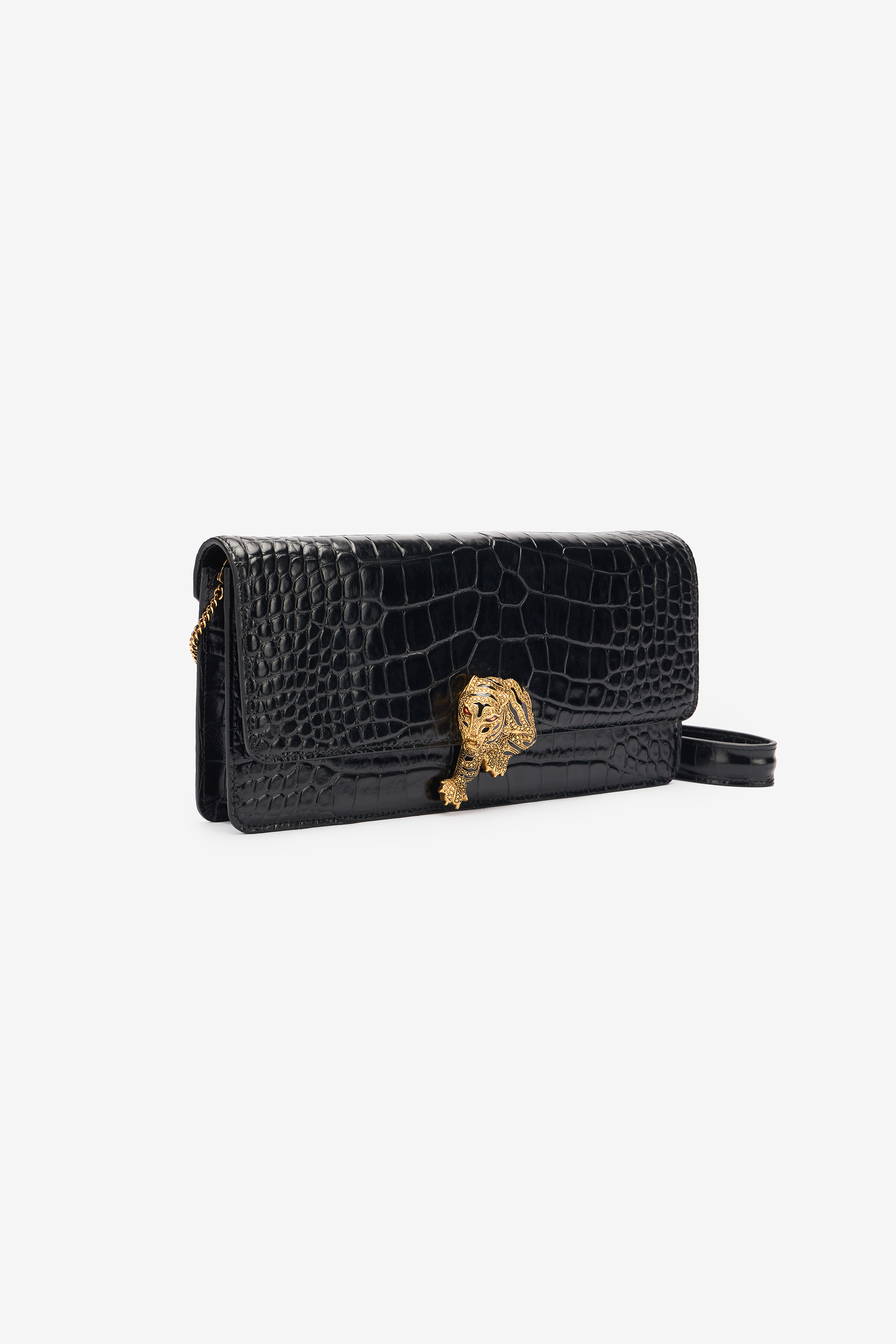 Roberto Cavalli Long Crocodile-print Roar Clutch In Black