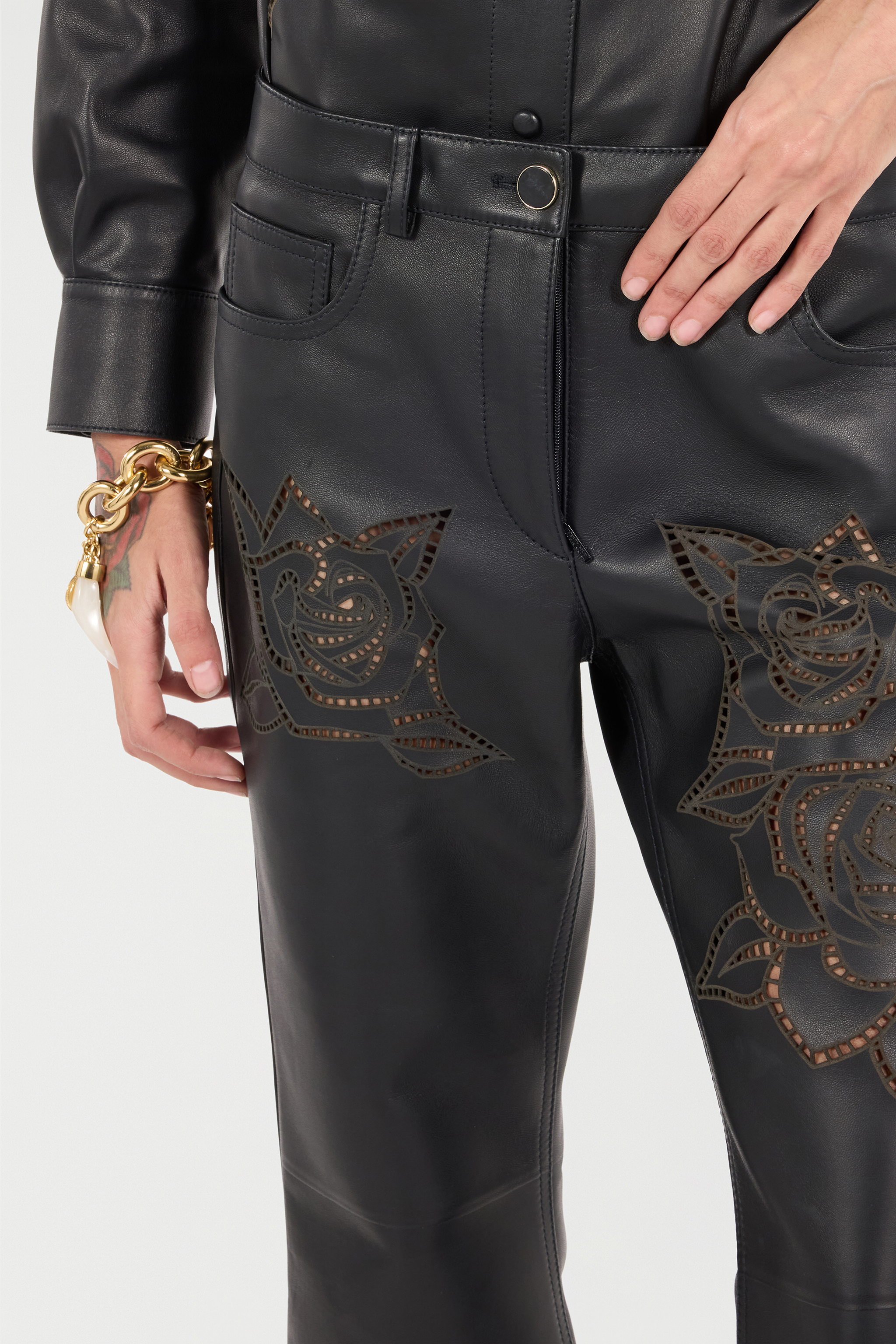Roberto Cavalli Leather Pants With Perforated Roses In Black