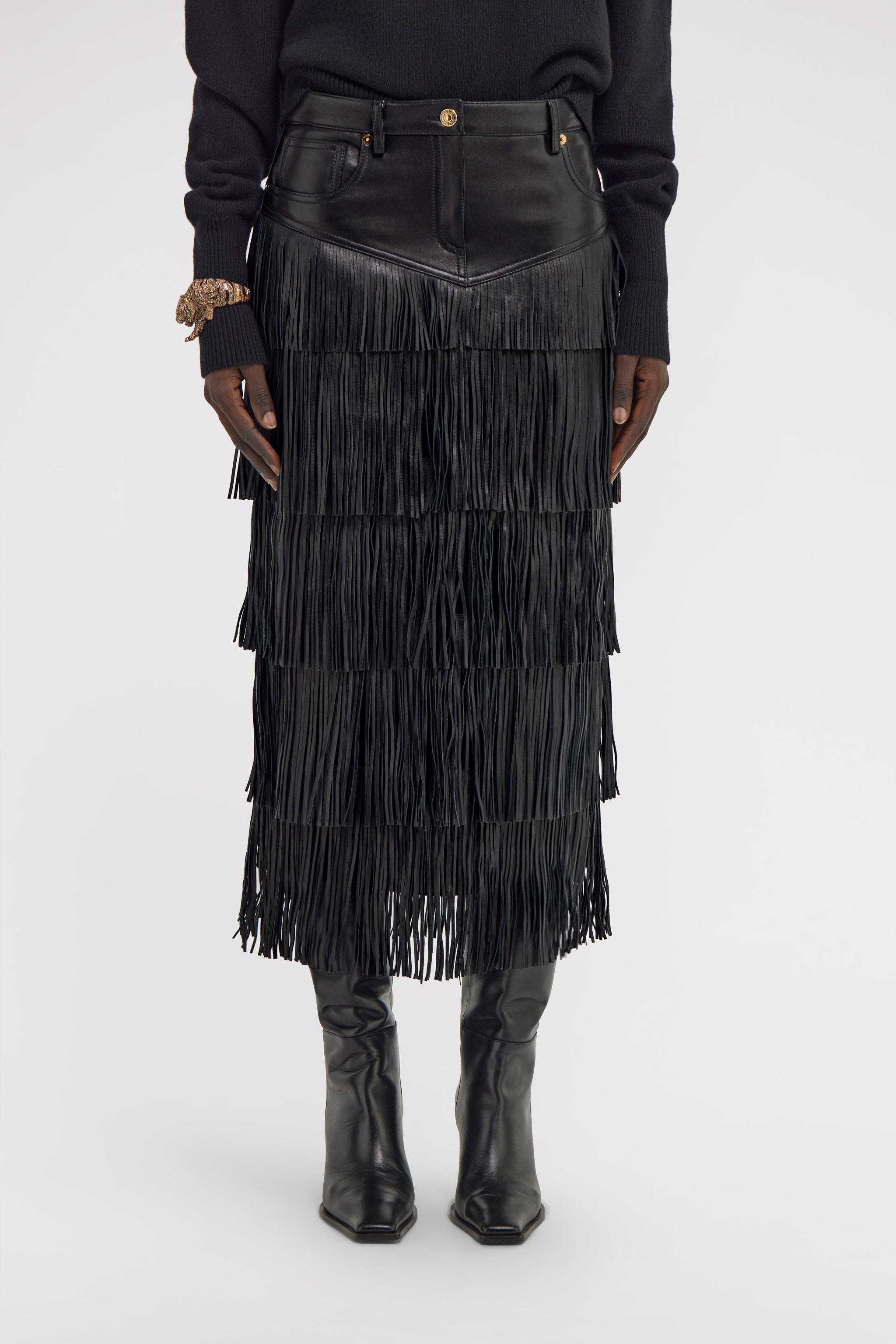 Roberto Cavalli Fringed Midi Skirt In Black