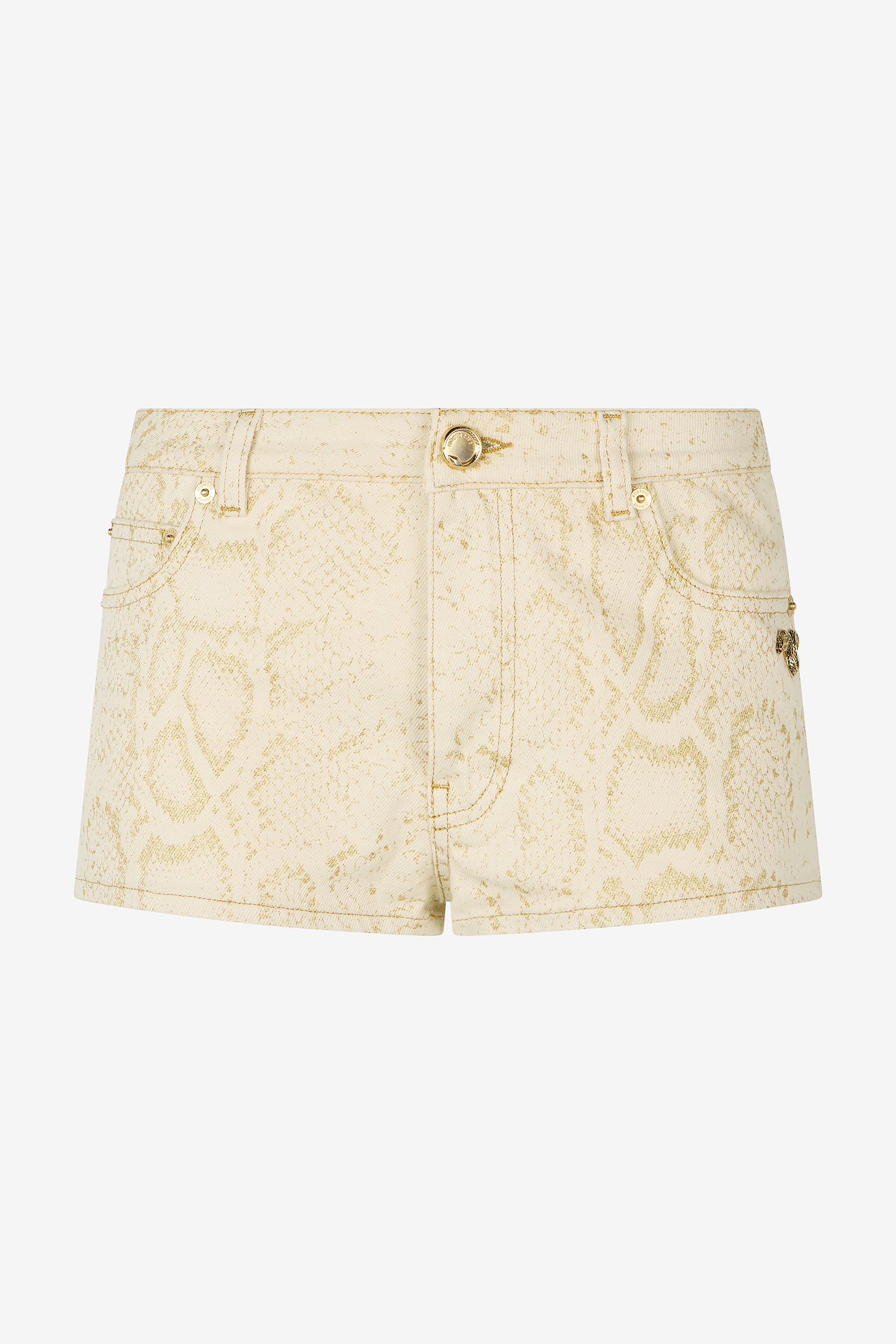 Roberto Cavalli White Micro Shorts with Gold Python Pattern